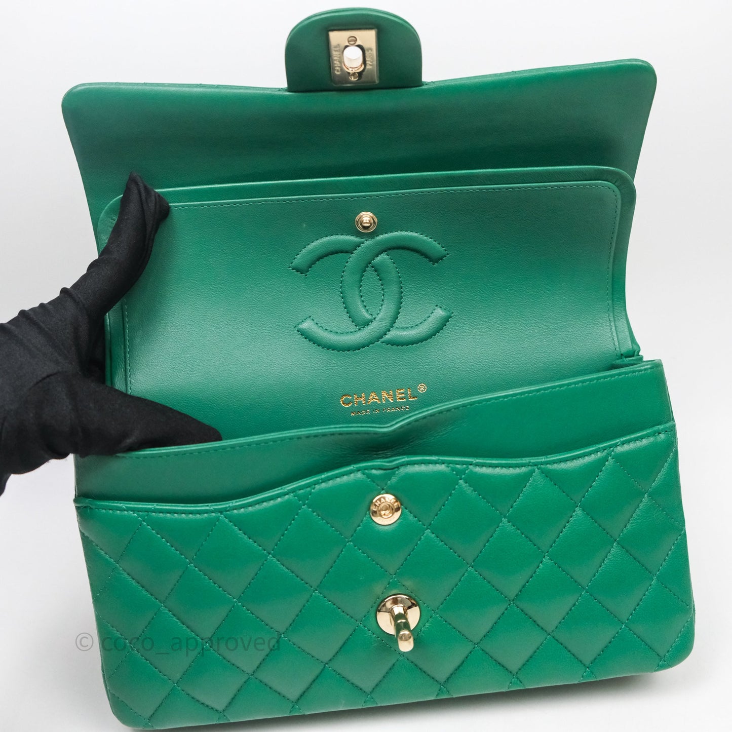 Chanel Classic M/L Medium Flap Quilted Green Lambskin Gold Hardware