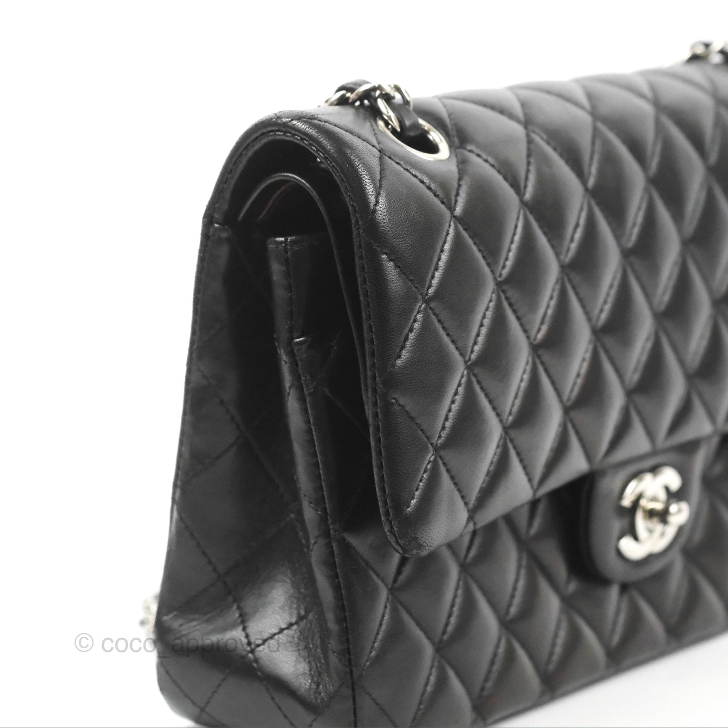 Chanel Classic M/L Medium Flap Quilted Black Lambskin Silver Hardware
