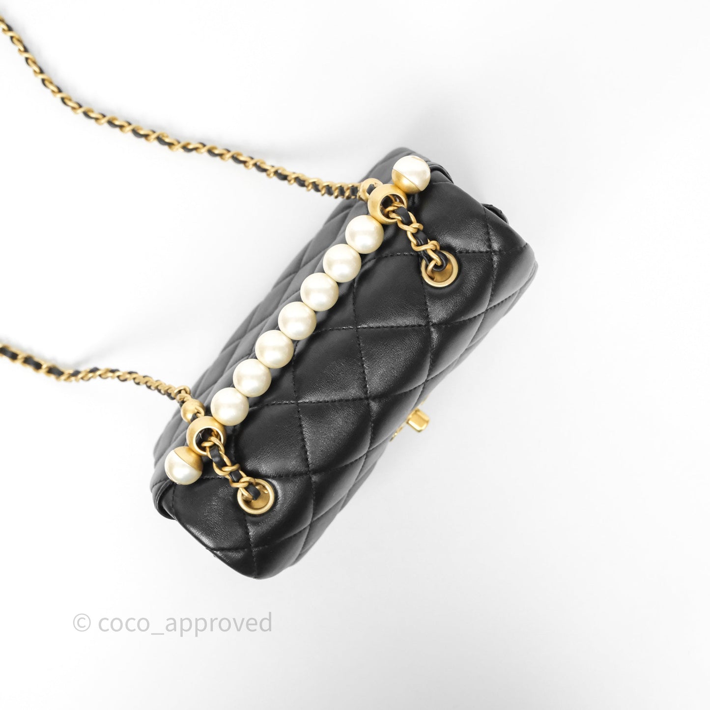 Chanel Mini Quilted Flap Bag with Pearl Top Handle Black Lambskin Aged Gold Hardware 24A