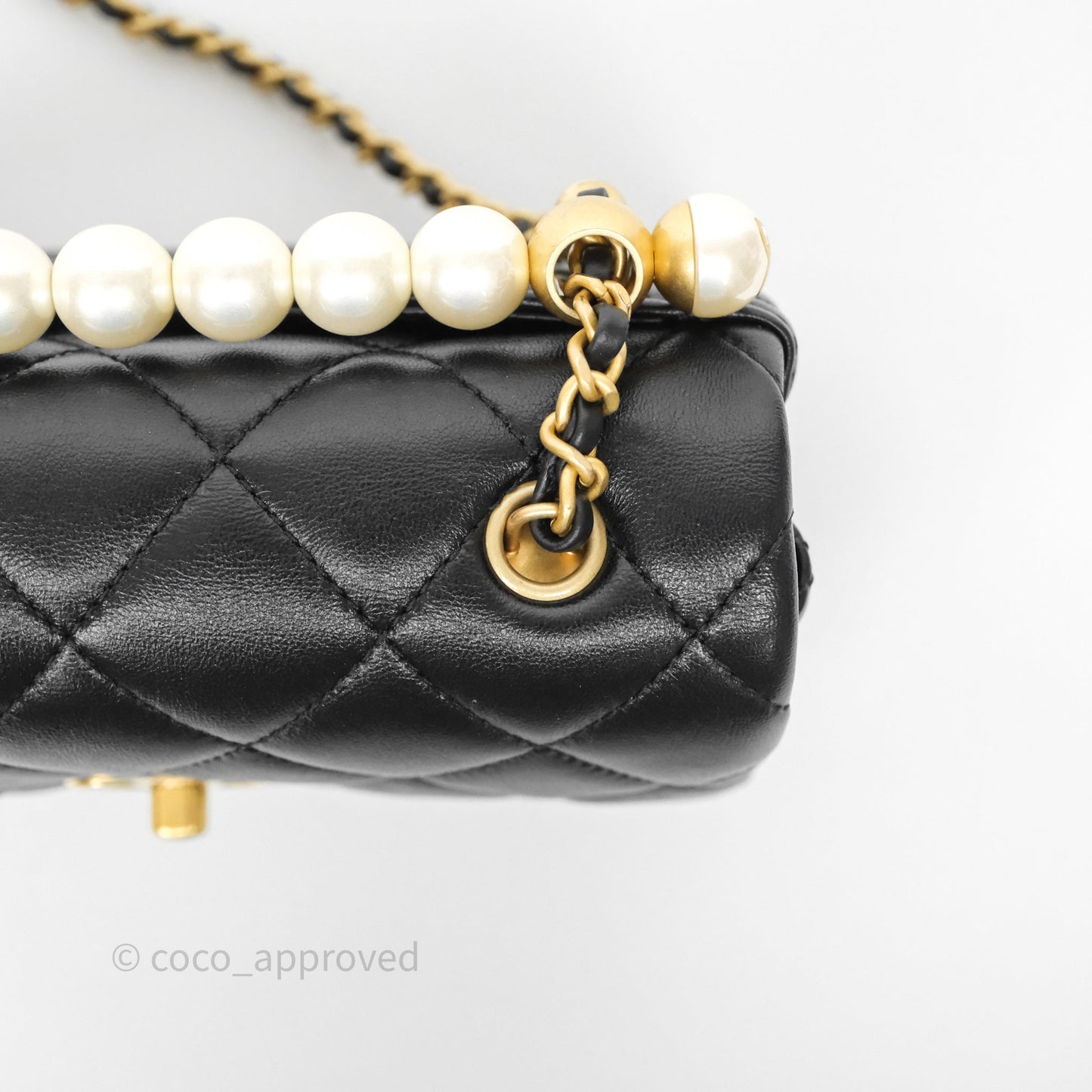 Chanel Mini Quilted Flap Bag with Pearl Top Handle Black Lambskin Aged Gold Hardware 24A