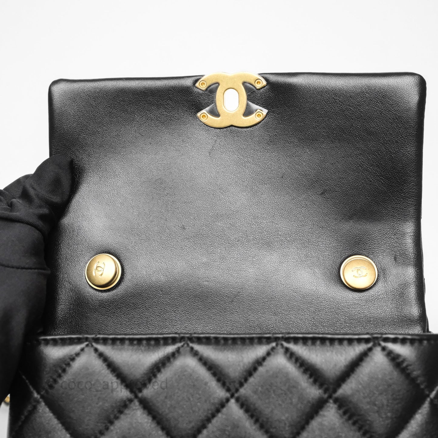 Chanel Mini Quilted Flap Bag with Pearl Top Handle Black Lambskin Aged Gold Hardware 24A