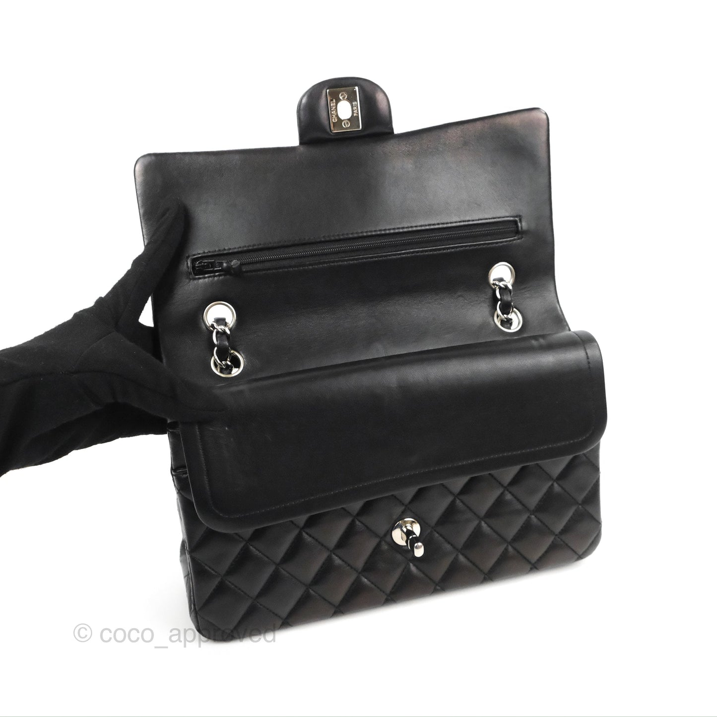 Chanel Classic M/L Medium Flap Quilted Black Lambskin Silver Hardware