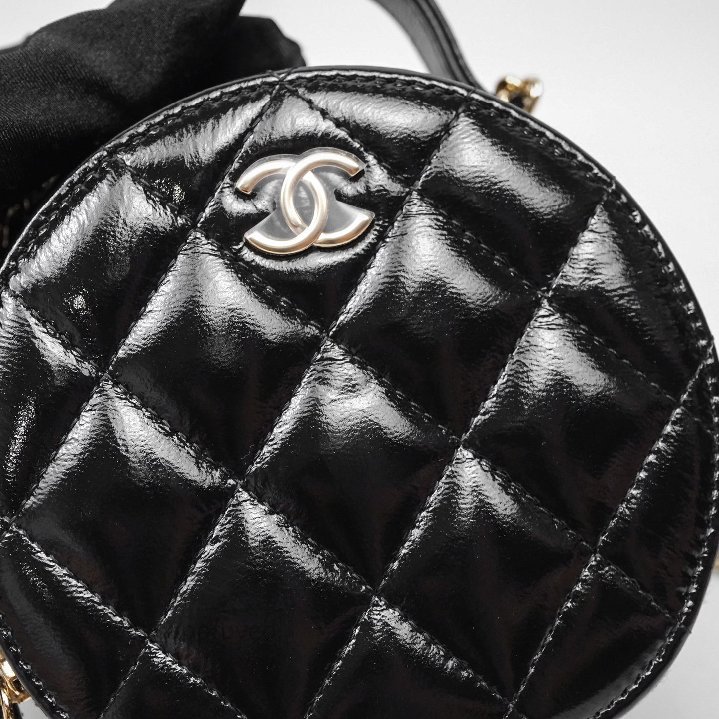 Chanel Mini Round Vanity Bag Handle With Care Black Glazed Lambskin Gold Hardware