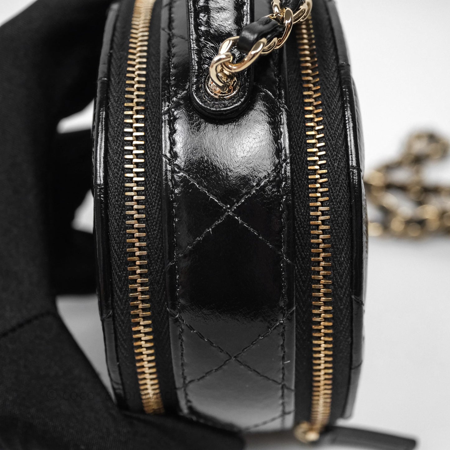Chanel Mini Round Vanity Bag Handle With Care Black Glazed Lambskin Gold Hardware