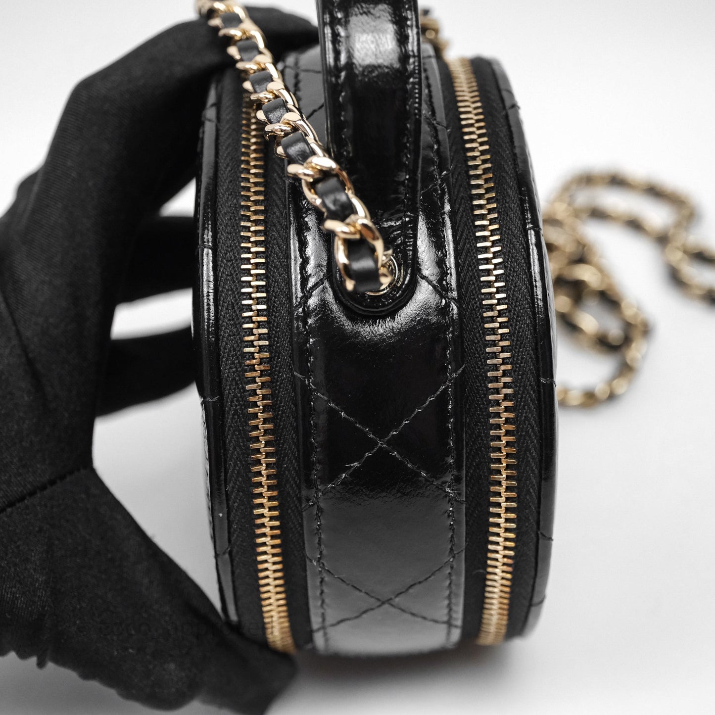 Chanel Mini Round Vanity Bag Handle With Care Black Glazed Lambskin Gold Hardware