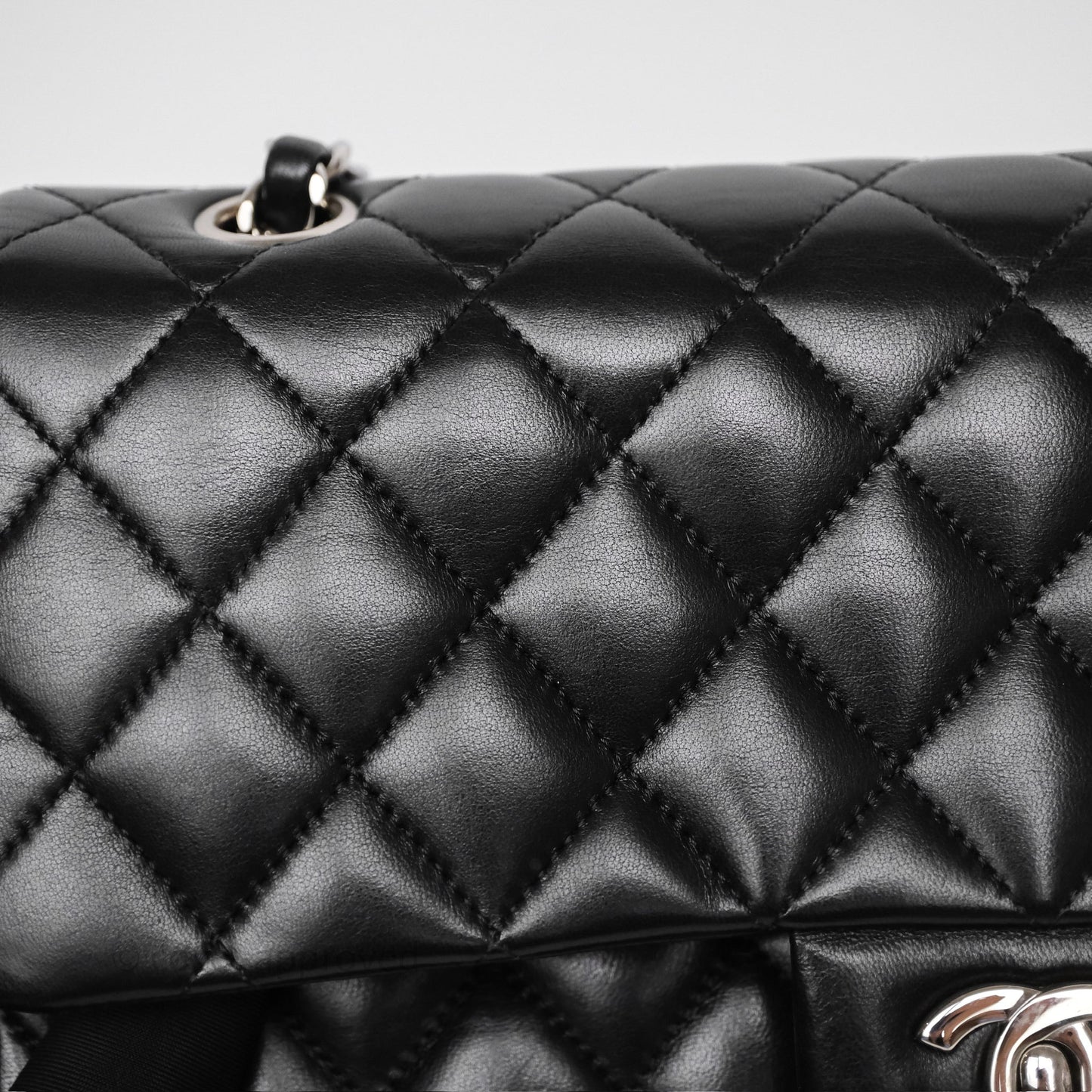 Chanel Classic M/L Medium Flap Quilted Black Lambskin Silver Hardware