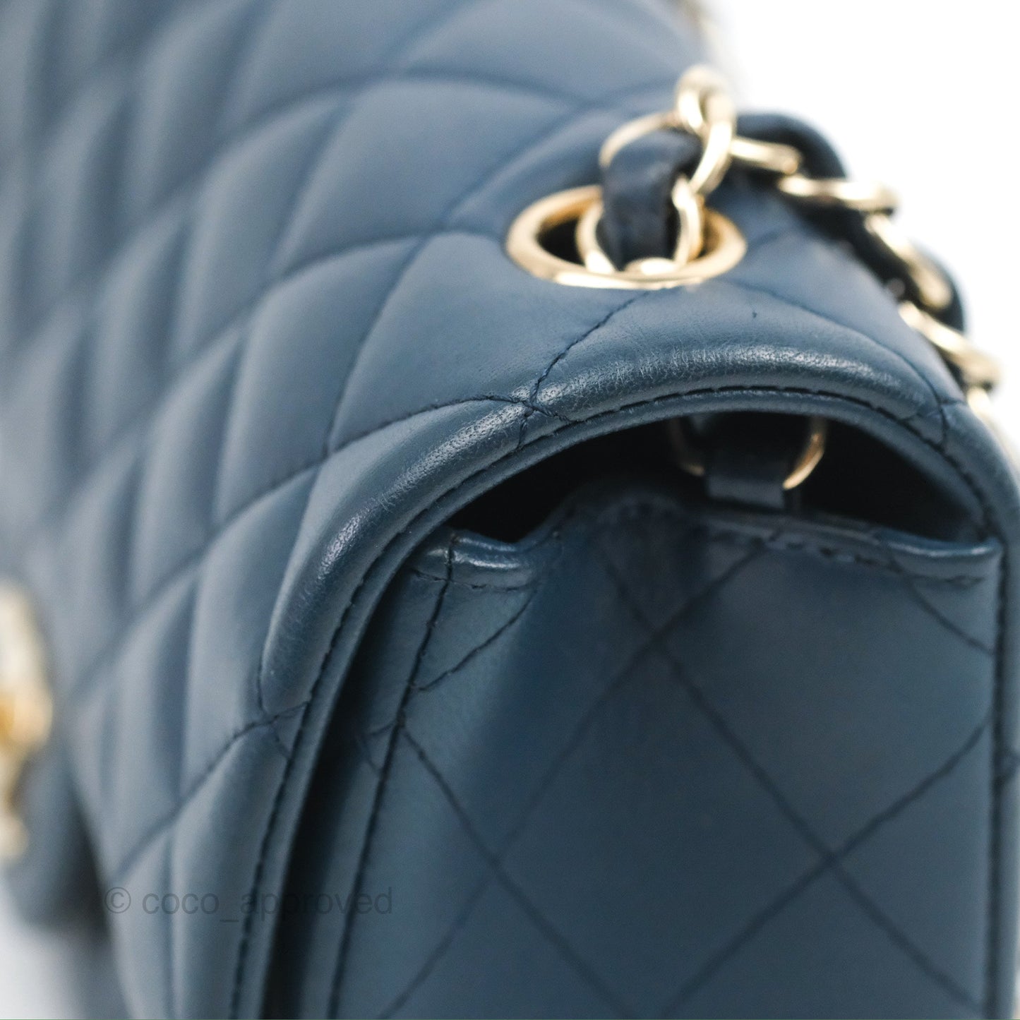 Chanel Quilted Mini Rectangular Flap Dark Teal Blue Lambskin Gold Hardware