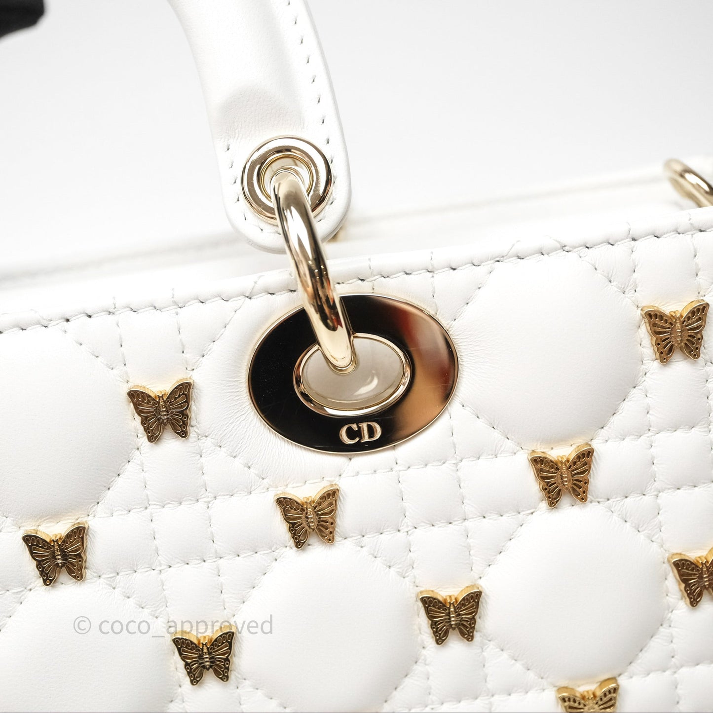 Christian Dior Medium Lady D-Joy Bag Butterfly White Lambskin Cannage Gold Hardware