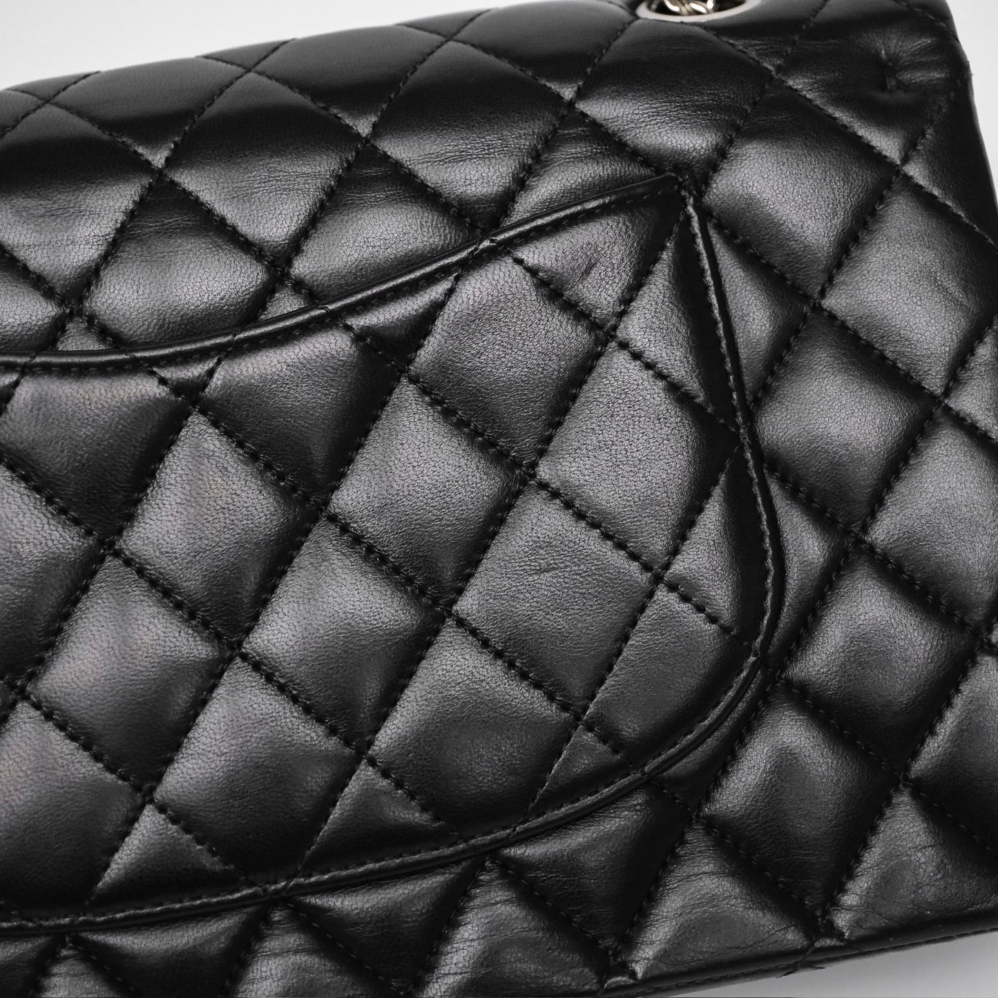 Chanel Classic M/L Medium Flap Quilted Black Lambskin Silver Hardware