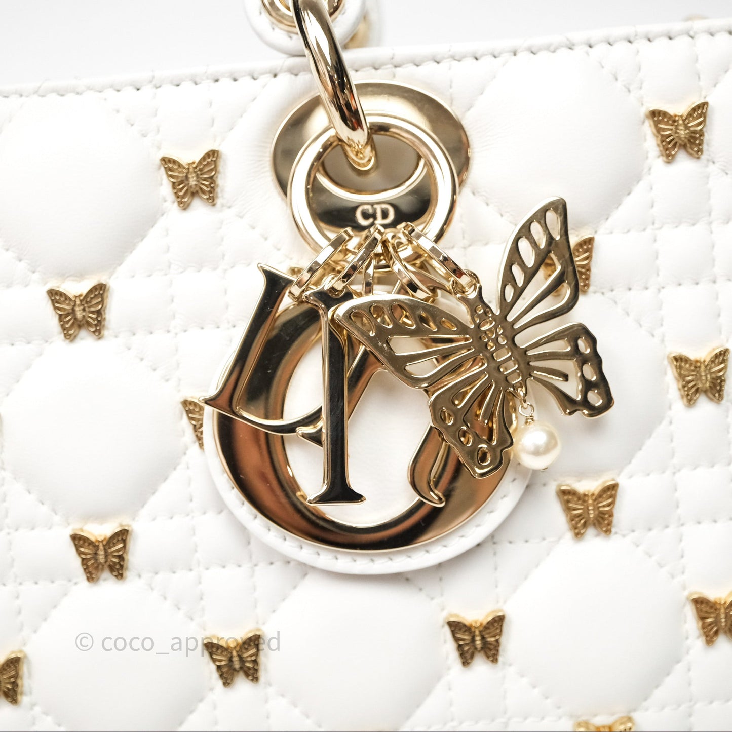 Christian Dior Medium Lady D-Joy Bag Butterfly White Lambskin Cannage Gold Hardware