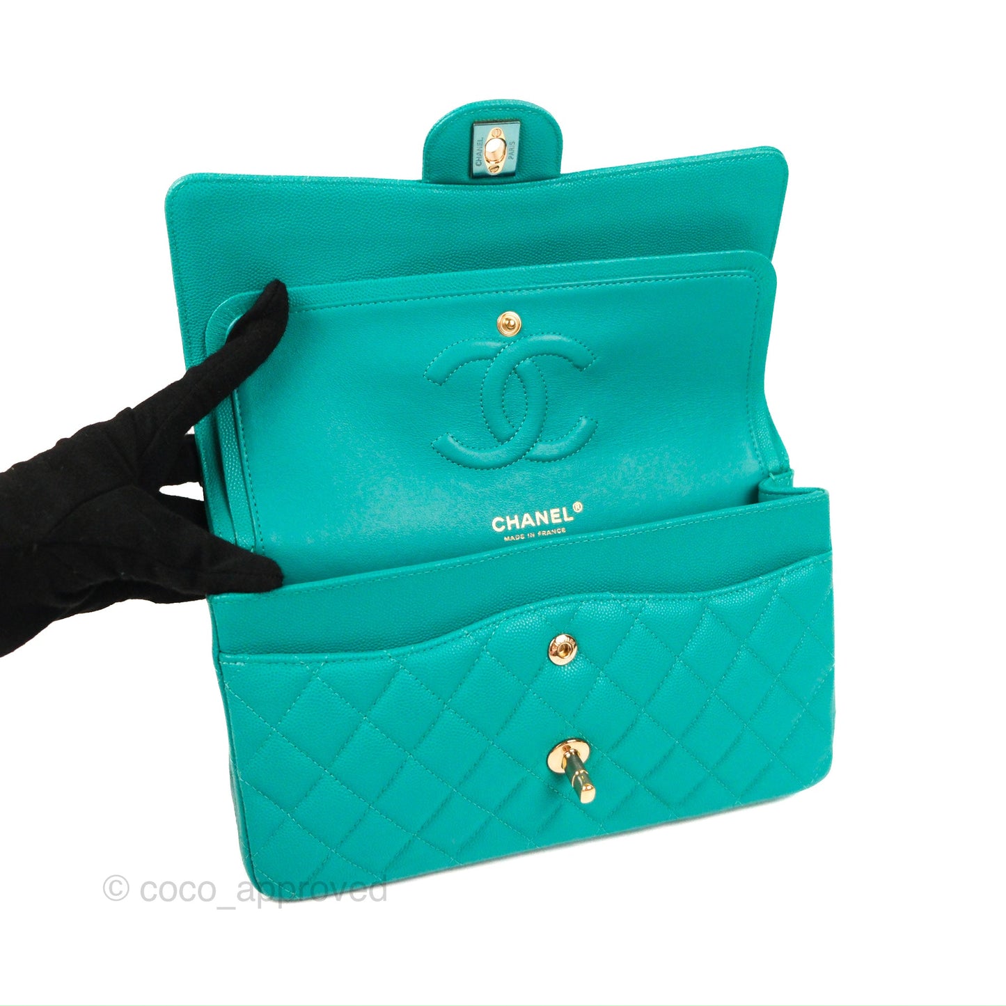 Chanel Classic M/L Medium Flap Quilted Green Caviar Gold Hardware