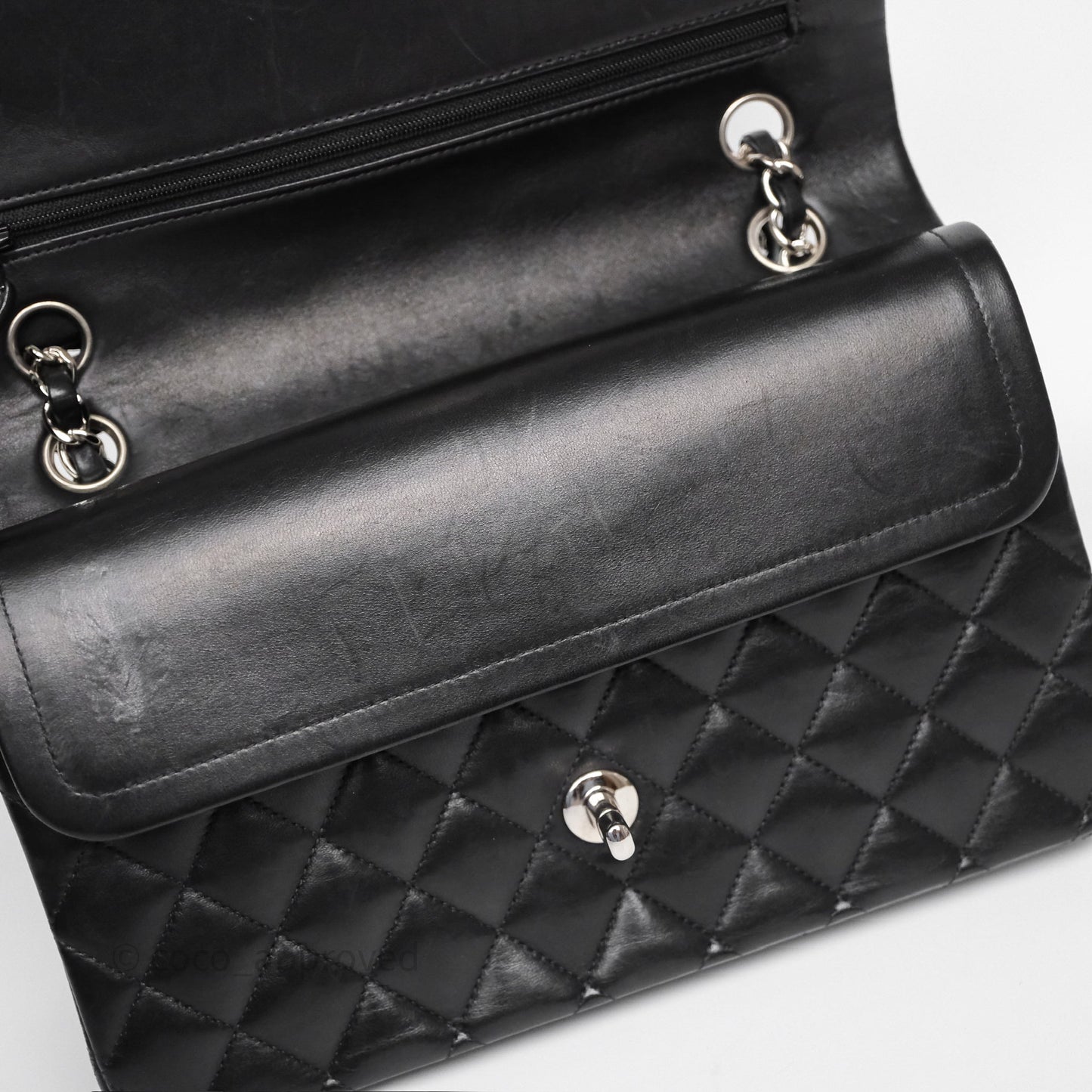 Chanel Classic M/L Medium Flap Quilted Black Lambskin Silver Hardware