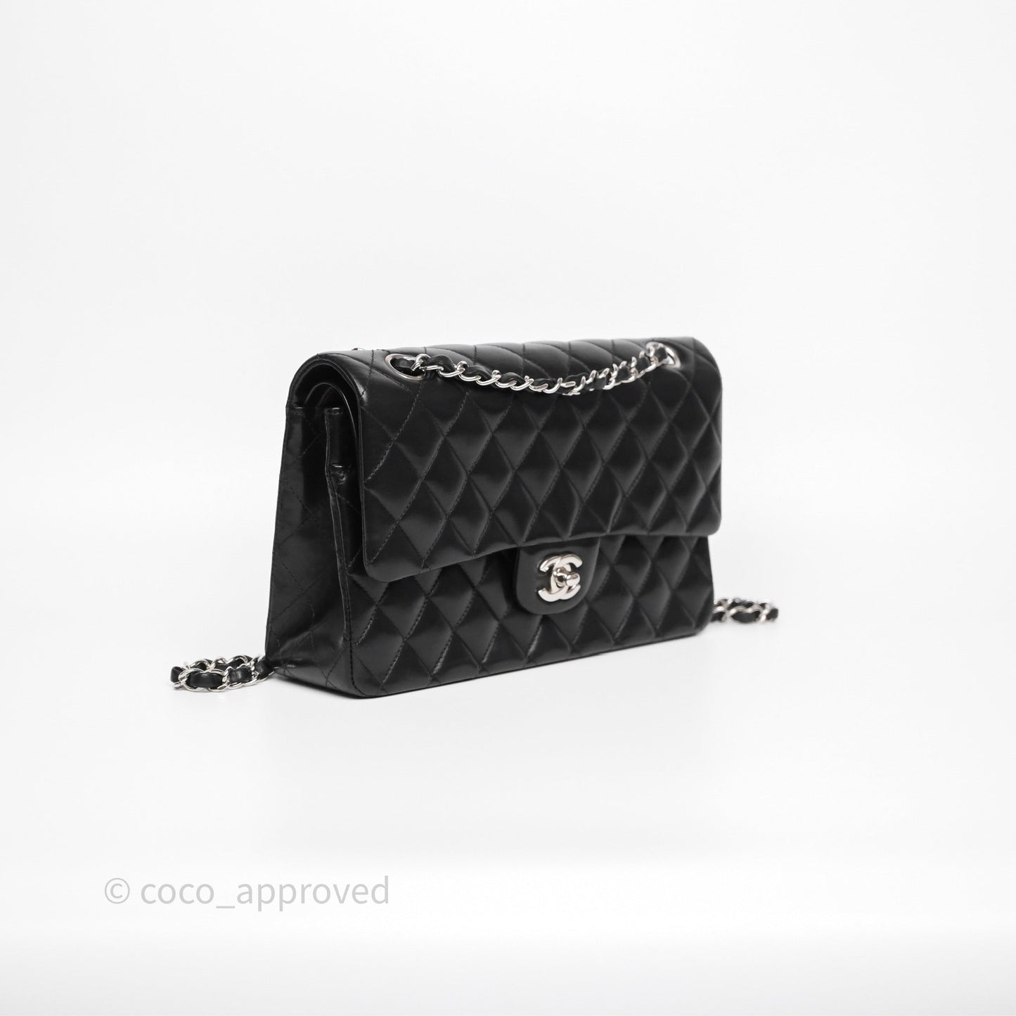 Chanel Classic M/L Medium Flap Quilted Black Lambskin Silver Hardware