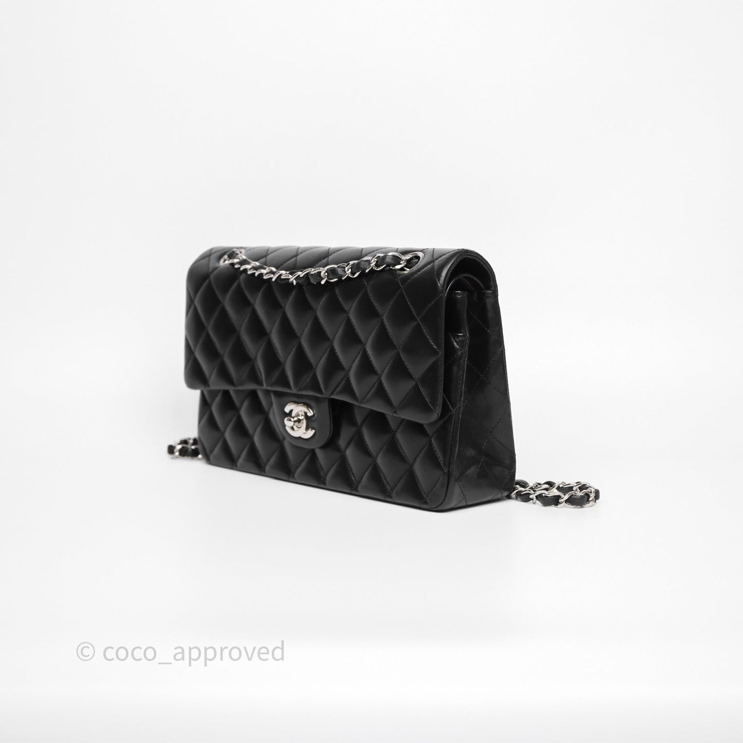 Chanel Classic M/L Medium Flap Quilted Black Lambskin Silver Hardware