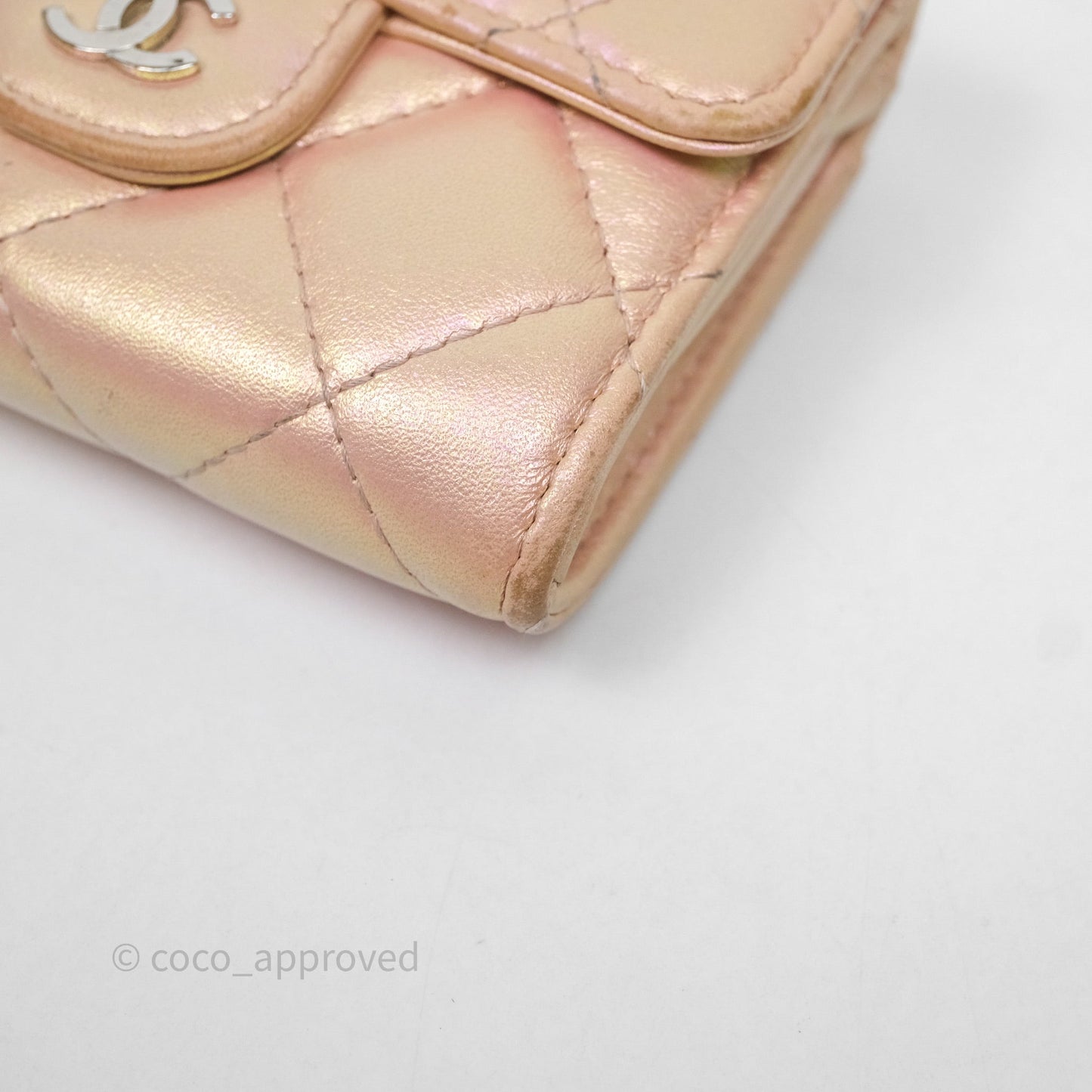 Chanel Classic Flap Coin Purse Pink Iridescent Pearl Lambskin Silver Hardware