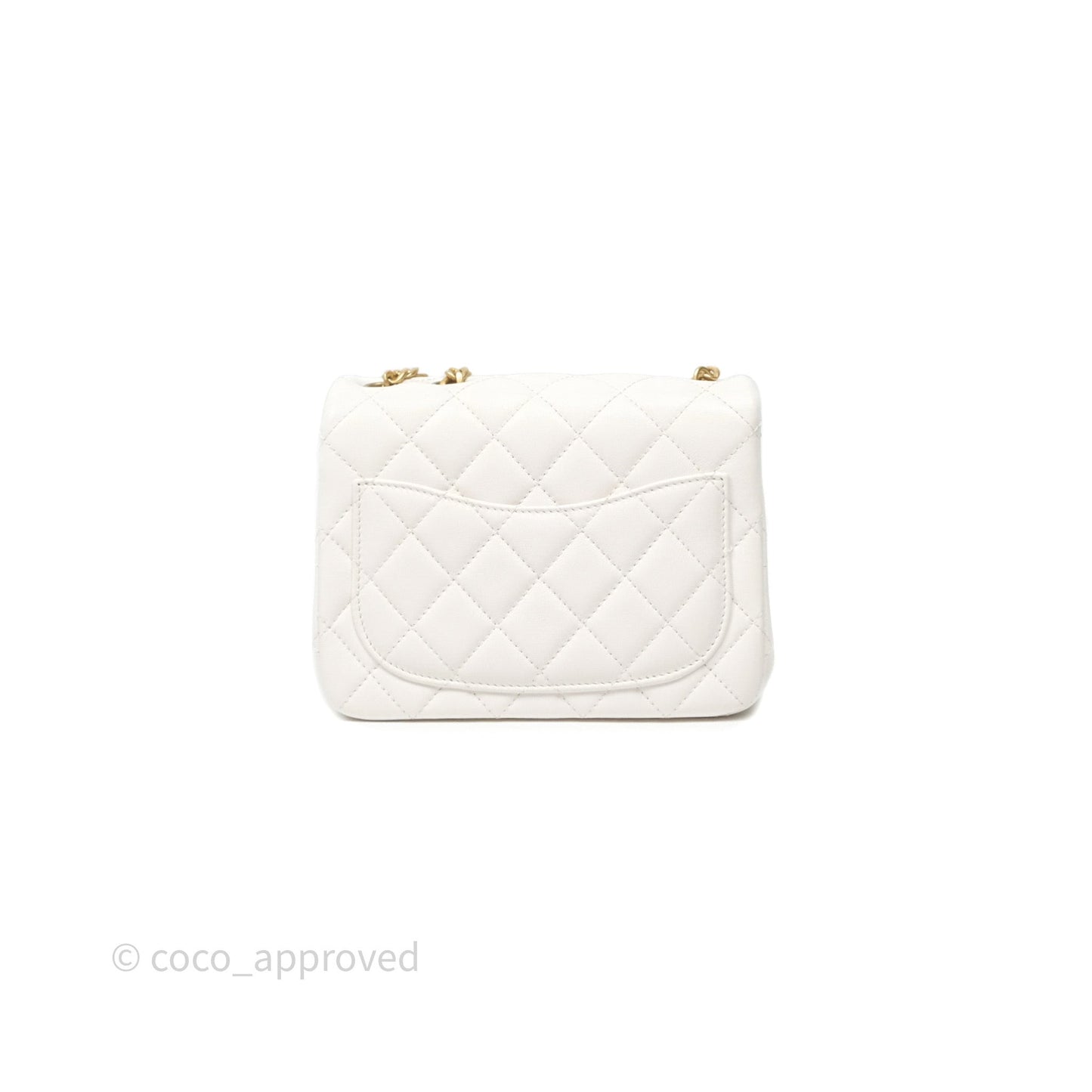 Chanel Quilted Mini Square Flap with Camellia Adjustable Chain White Lambskin Aged Gold Hardware