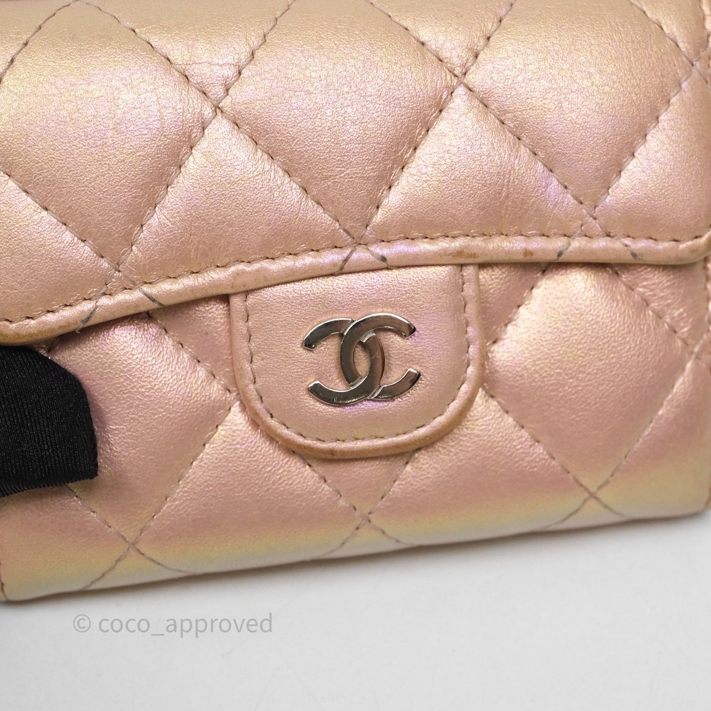 Chanel Classic Flap Coin Purse Pink Iridescent Pearl Lambskin Silver Hardware