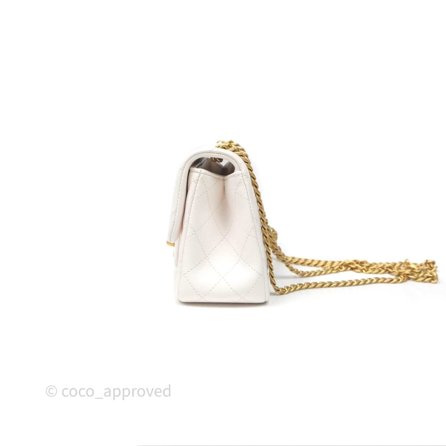 Chanel Quilted Mini Square Flap with Camellia Adjustable Chain White Lambskin Aged Gold Hardware