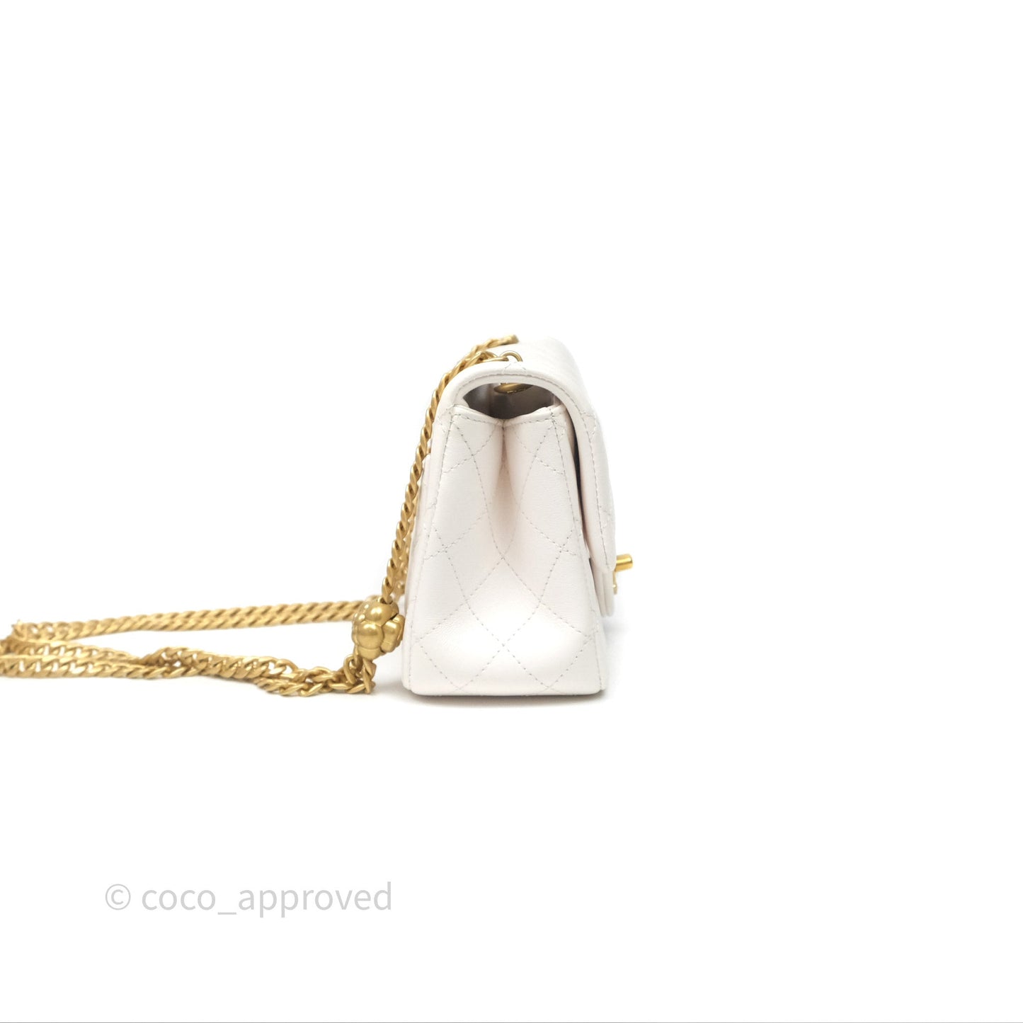 Chanel Quilted Mini Square Flap with Camellia Adjustable Chain White Lambskin Aged Gold Hardware