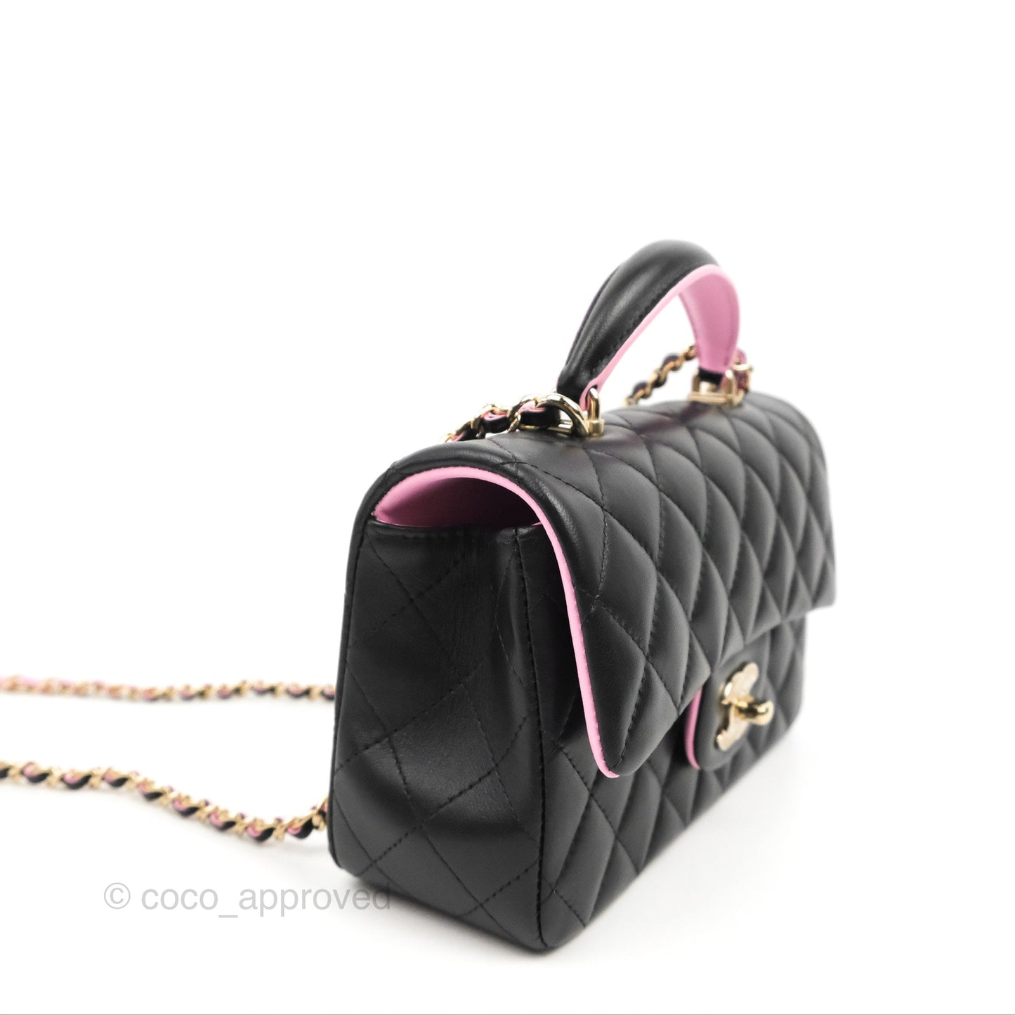 Chanel Top Handle Mini Rectangular Flap Black/Pink Lambskin Gold Hardware 23P