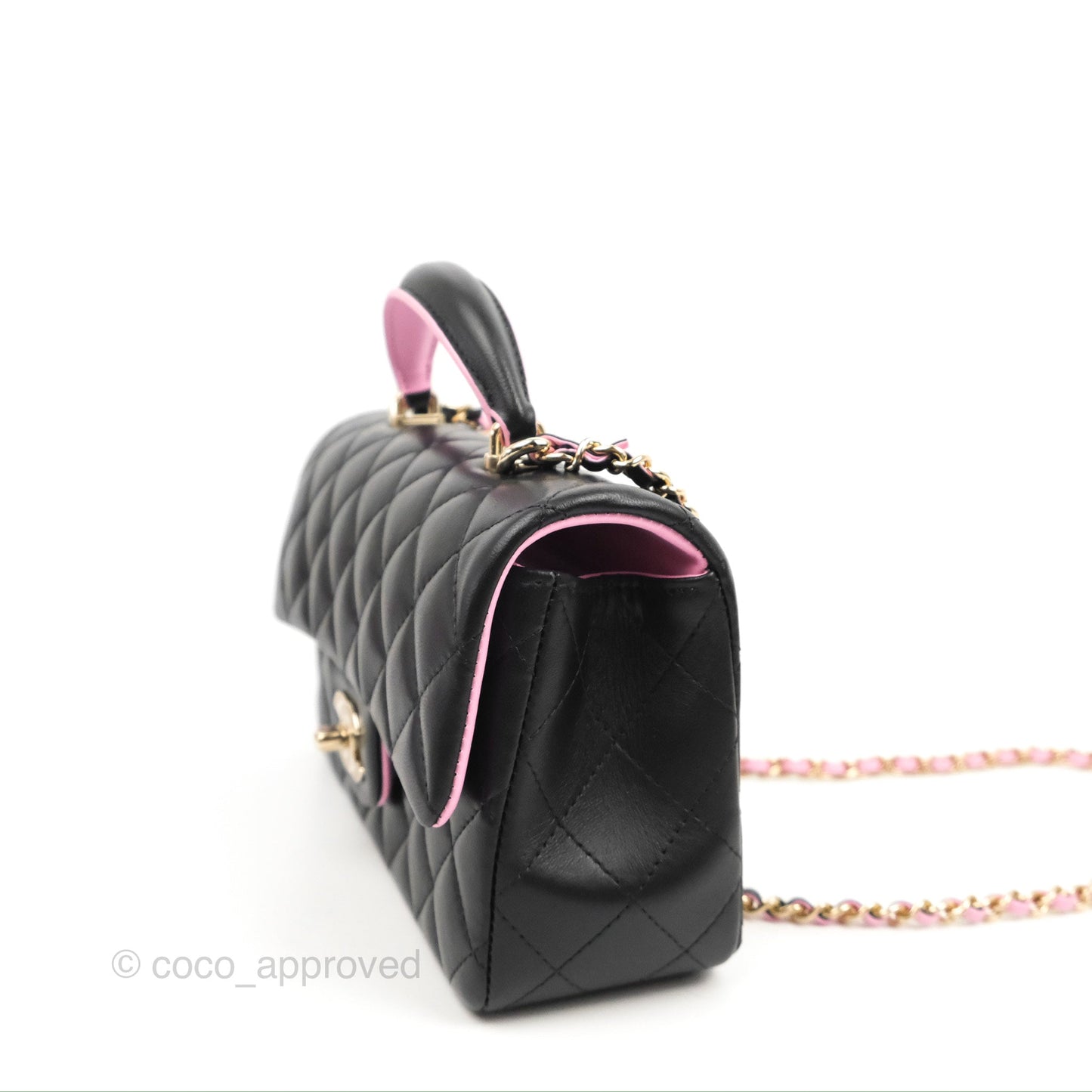 Chanel Top Handle Mini Rectangular Flap Black/Pink Lambskin Gold Hardware 23P
