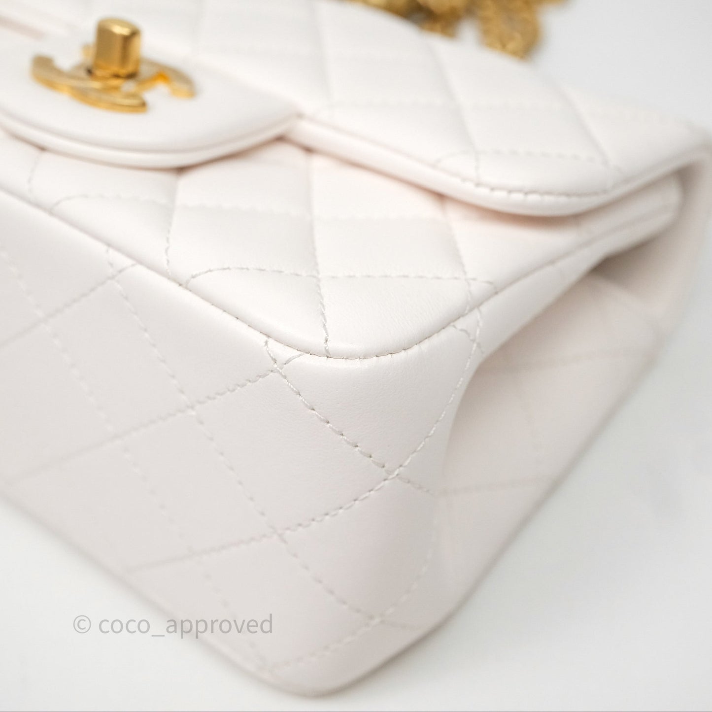 Chanel Quilted Mini Square Flap with Camellia Adjustable Chain White Lambskin Aged Gold Hardware