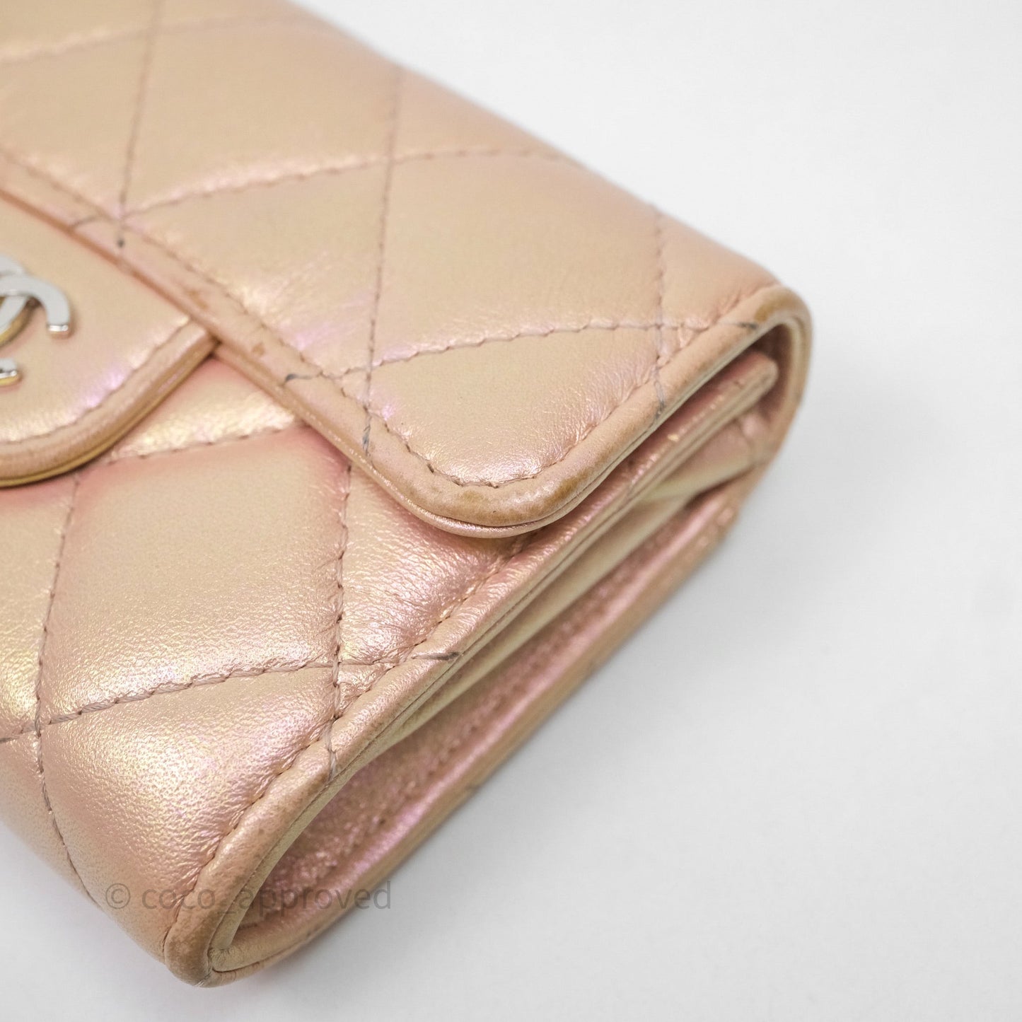 Chanel Classic Flap Coin Purse Pink Iridescent Pearl Lambskin Silver Hardware