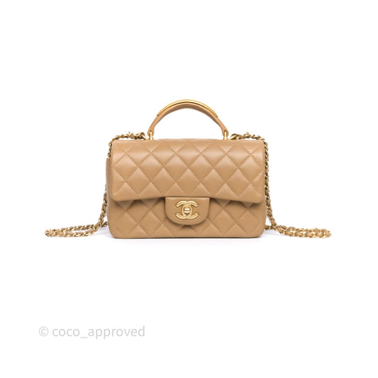 Chanel Metal Top Handle Mini Rectangular Flap Bag Beige Lambskin Aged Gold Hardware