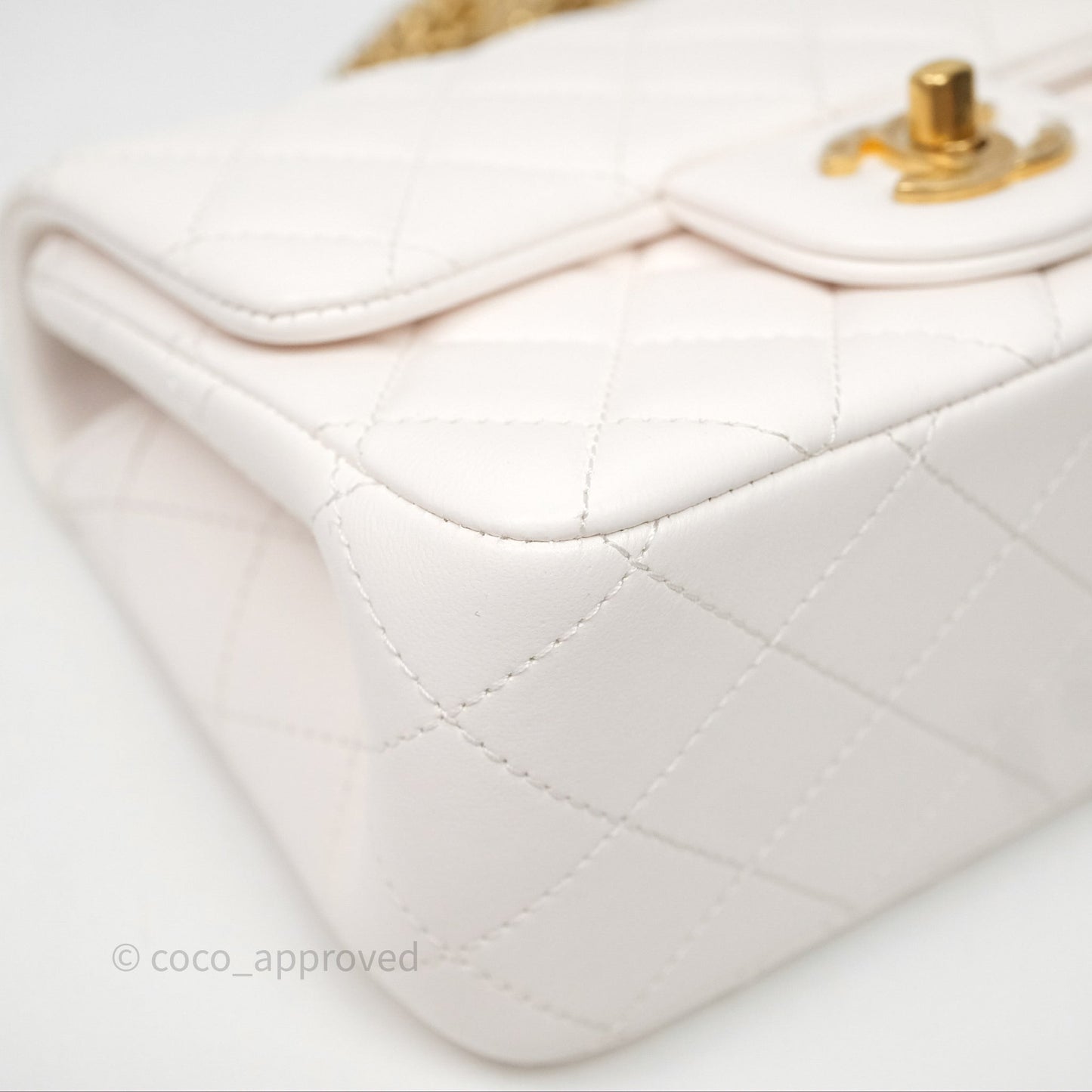 Chanel Quilted Mini Square Flap with Camellia Adjustable Chain White Lambskin Aged Gold Hardware