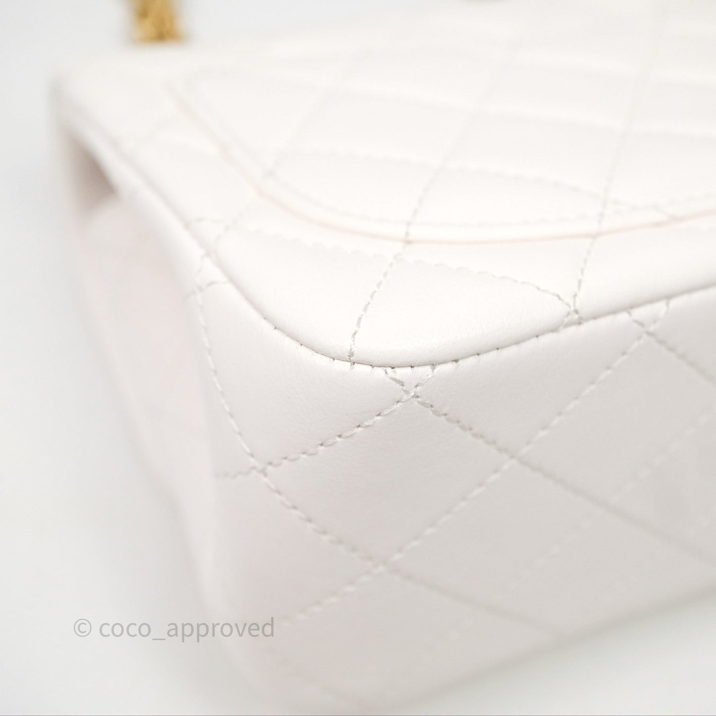 Chanel Quilted Mini Square Flap with Camellia Adjustable Chain White Lambskin Aged Gold Hardware