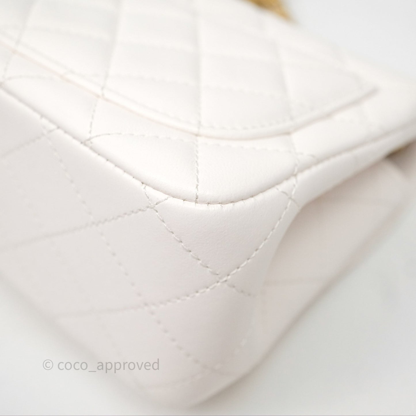 Chanel Quilted Mini Square Flap with Camellia Adjustable Chain White Lambskin Aged Gold Hardware