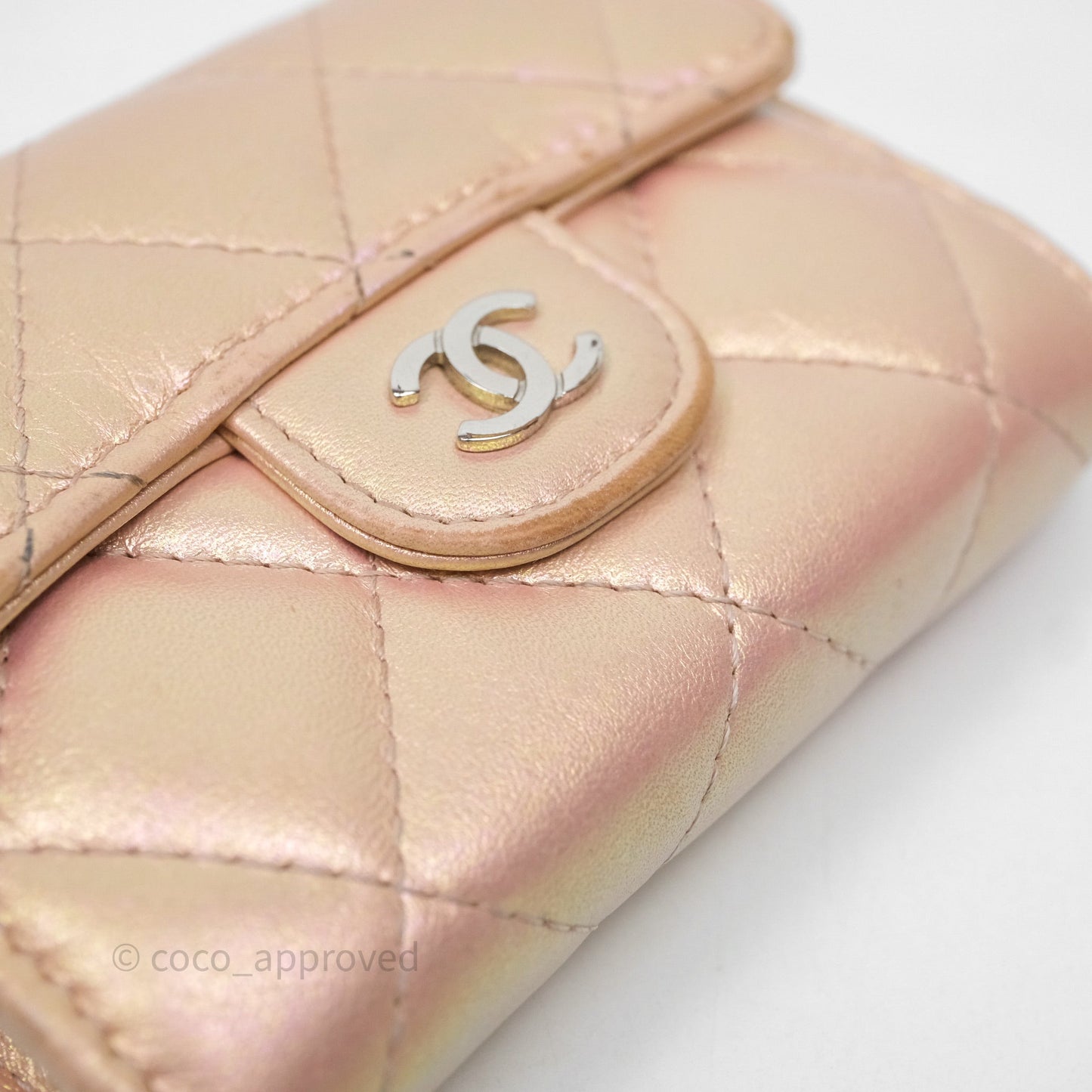 Chanel Classic Flap Coin Purse Pink Iridescent Pearl Lambskin Silver Hardware