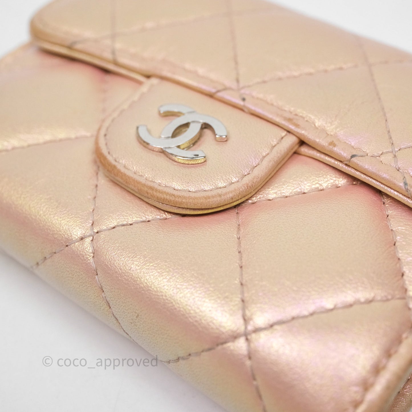 Chanel Classic Flap Coin Purse Pink Iridescent Pearl Lambskin Silver Hardware