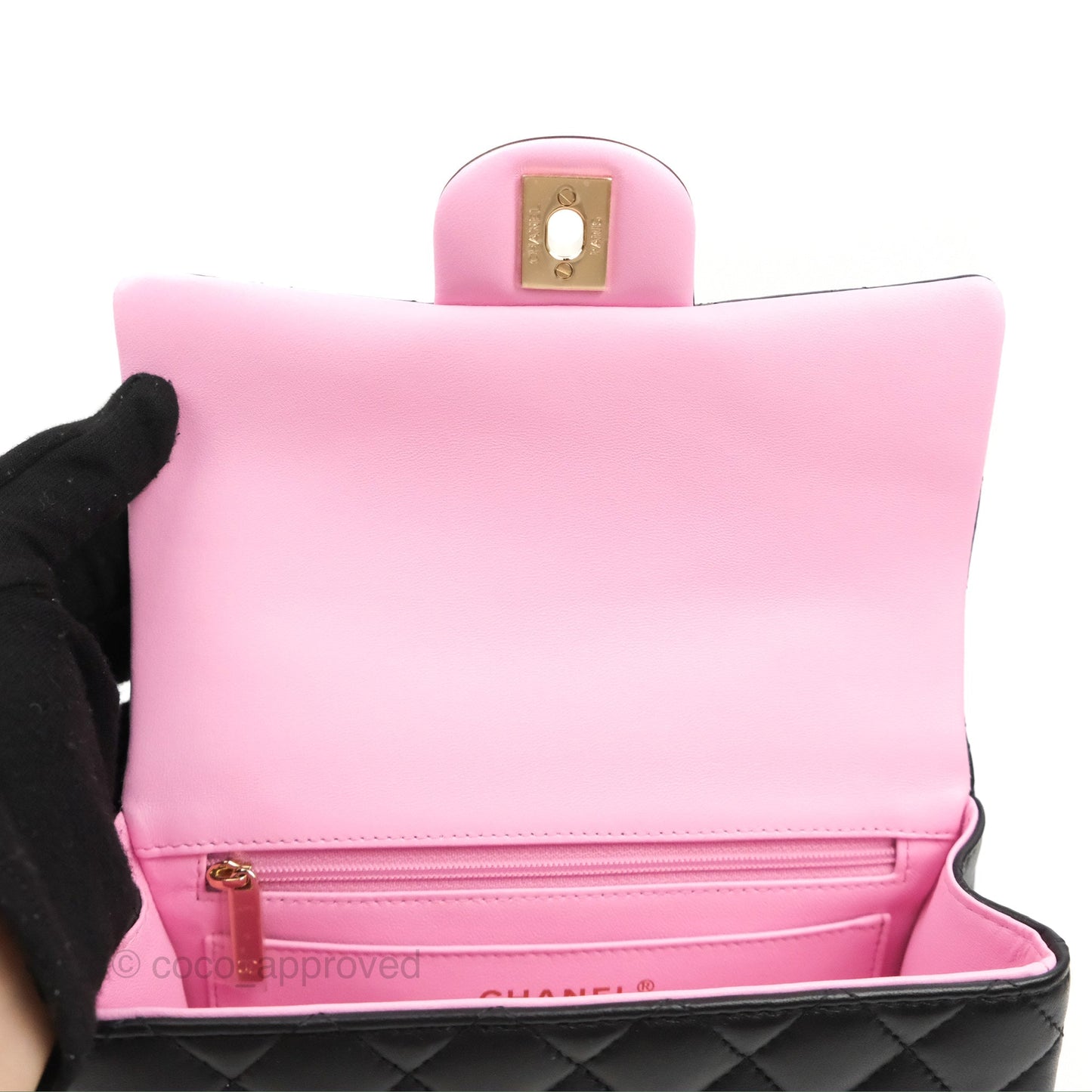Chanel Top Handle Mini Rectangular Flap Black/Pink Lambskin Gold Hardware 23P