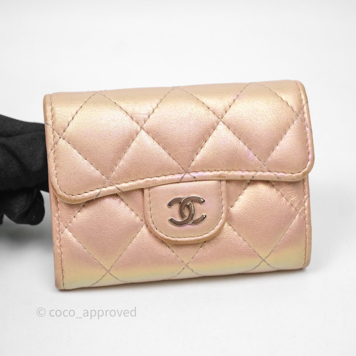 Chanel Classic Flap Coin Purse Pink Iridescent Pearl Lambskin Silver Hardware
