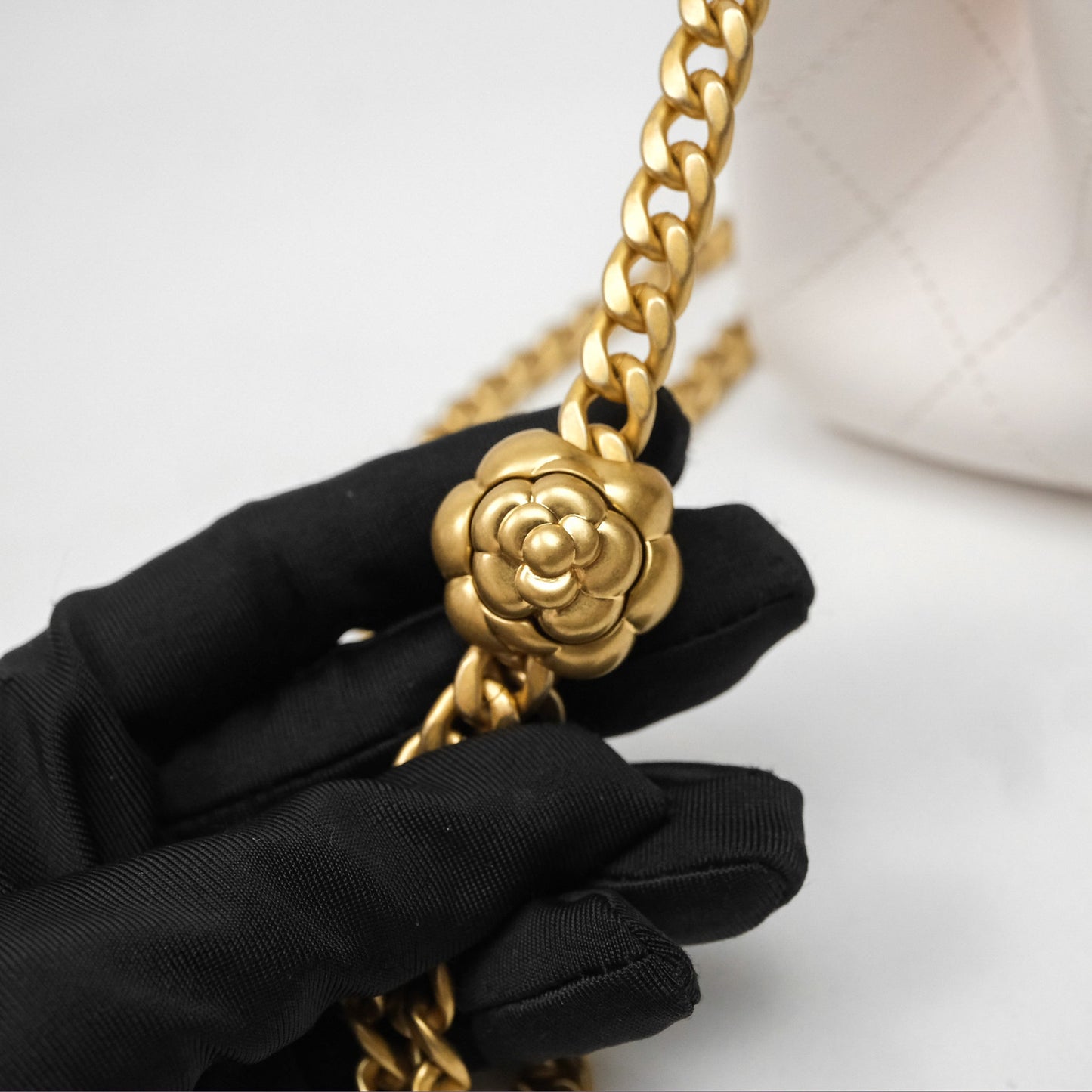 Chanel Quilted Mini Square Flap with Camellia Adjustable Chain White Lambskin Aged Gold Hardware