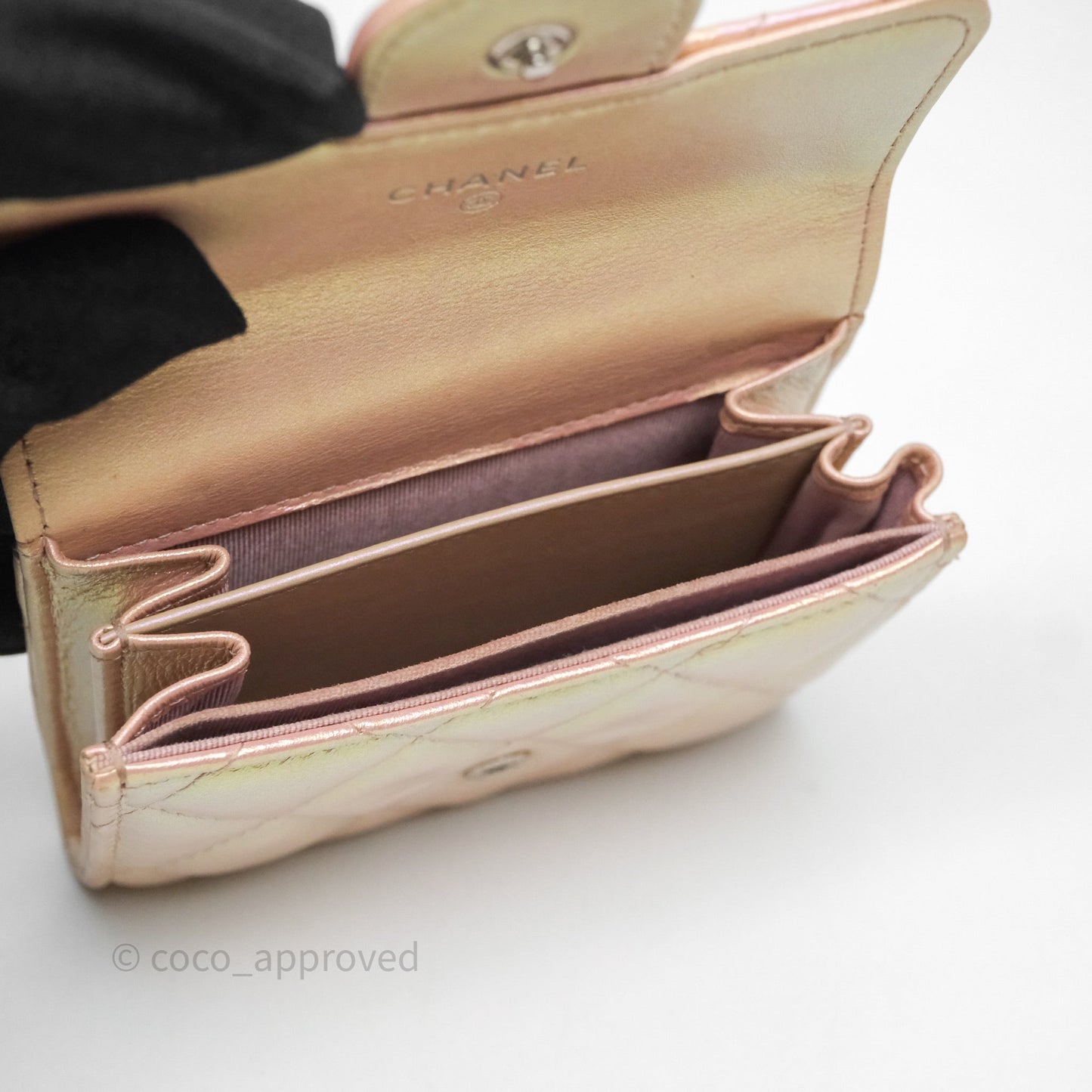 Chanel Classic Flap Coin Purse Pink Iridescent Pearl Lambskin Silver Hardware