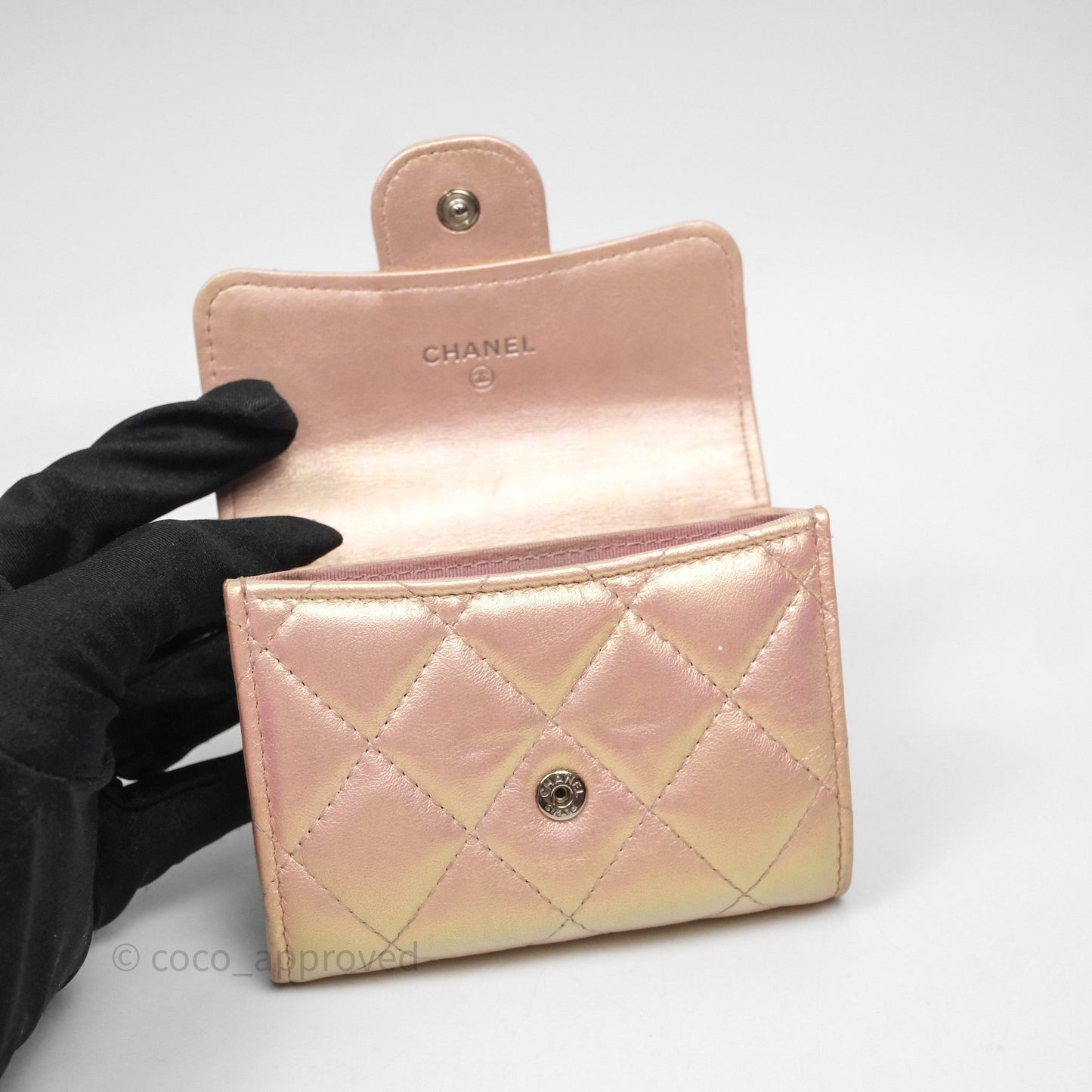 Chanel Classic Flap Coin Purse Pink Iridescent Pearl Lambskin Silver Hardware