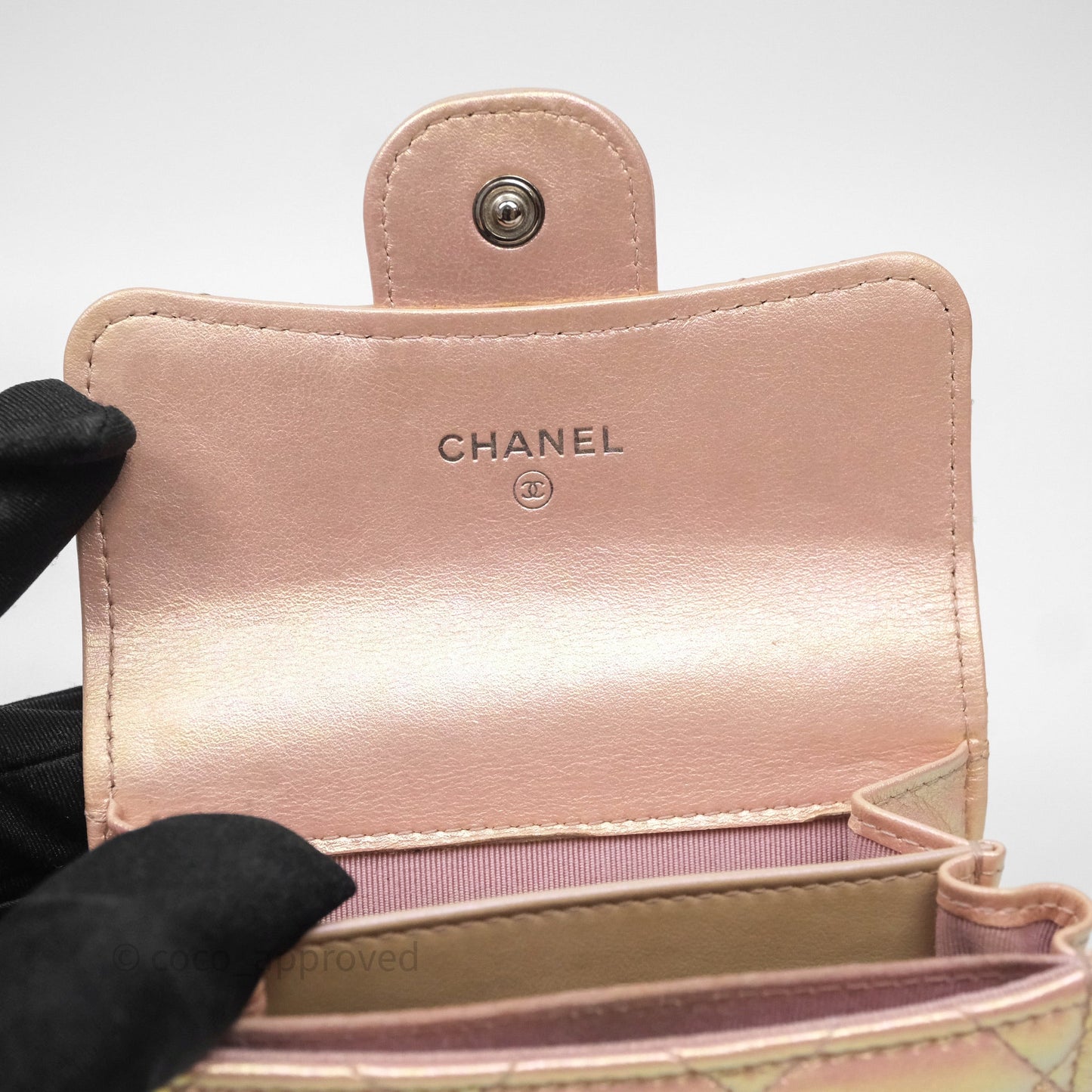 Chanel Classic Flap Coin Purse Pink Iridescent Pearl Lambskin Silver Hardware
