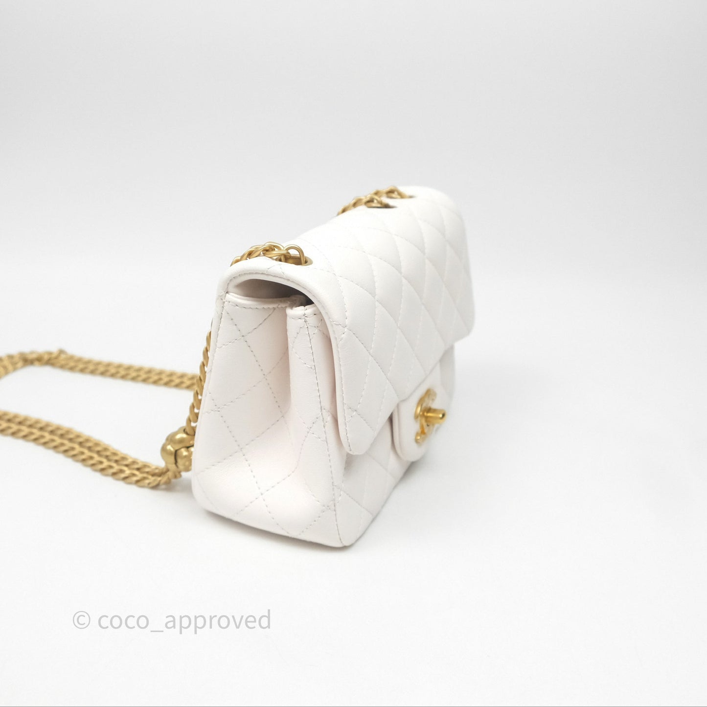 Chanel Quilted Mini Square Flap with Camellia Adjustable Chain White Lambskin Aged Gold Hardware