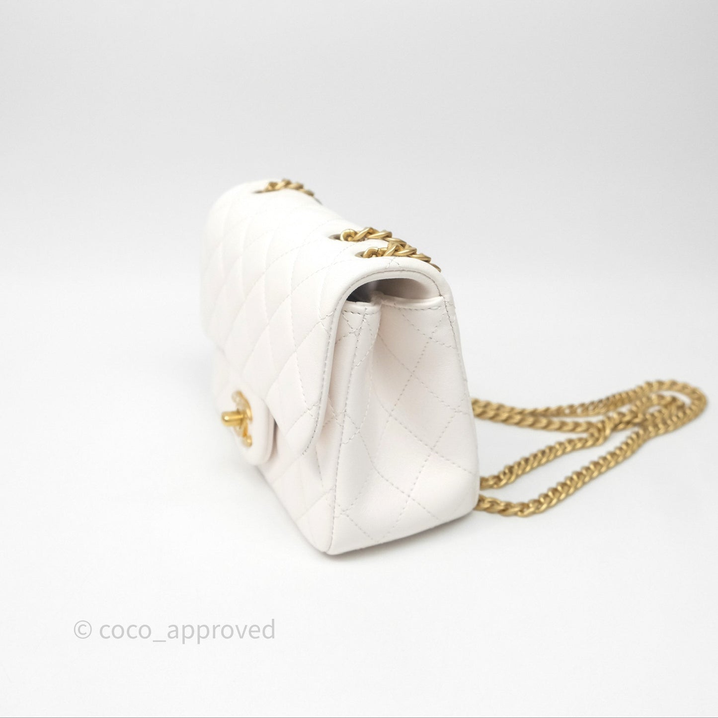 Chanel Quilted Mini Square Flap with Camellia Adjustable Chain White Lambskin Aged Gold Hardware