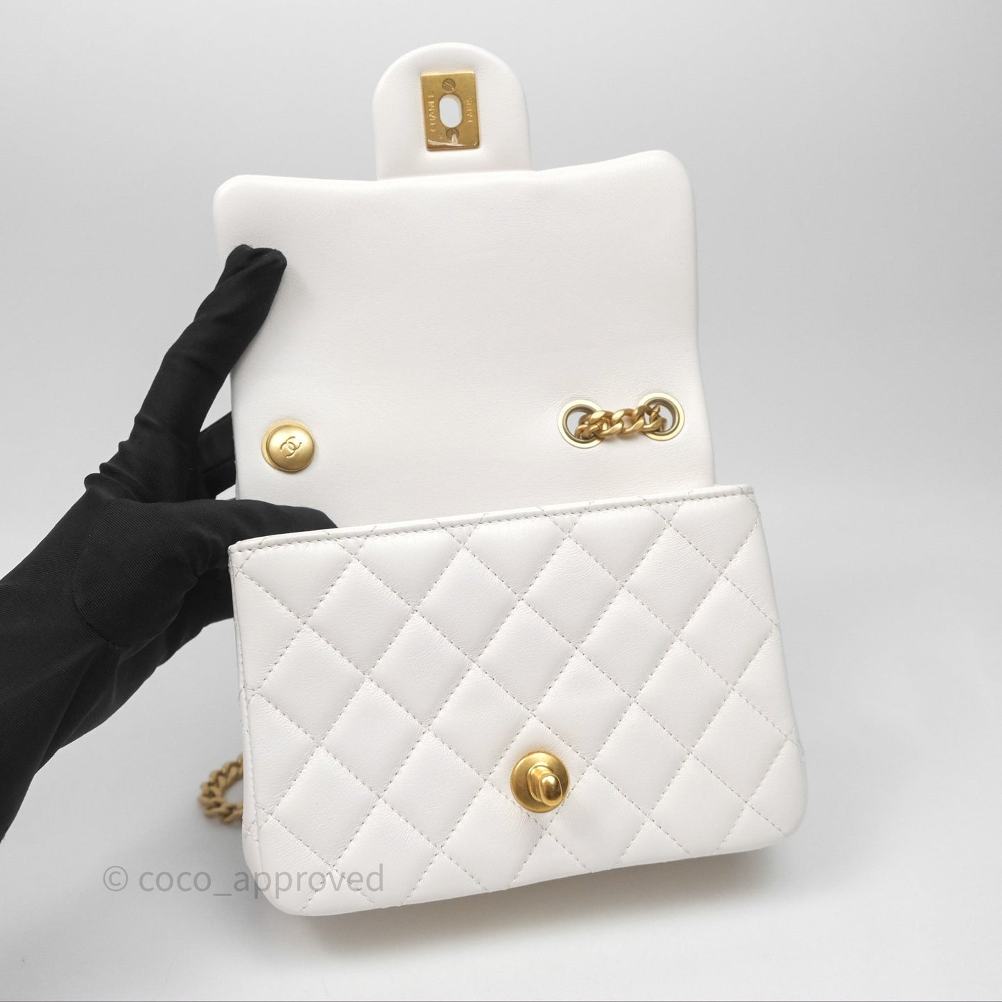 Chanel Quilted Mini Square Flap with Camellia Adjustable Chain White Lambskin Aged Gold Hardware