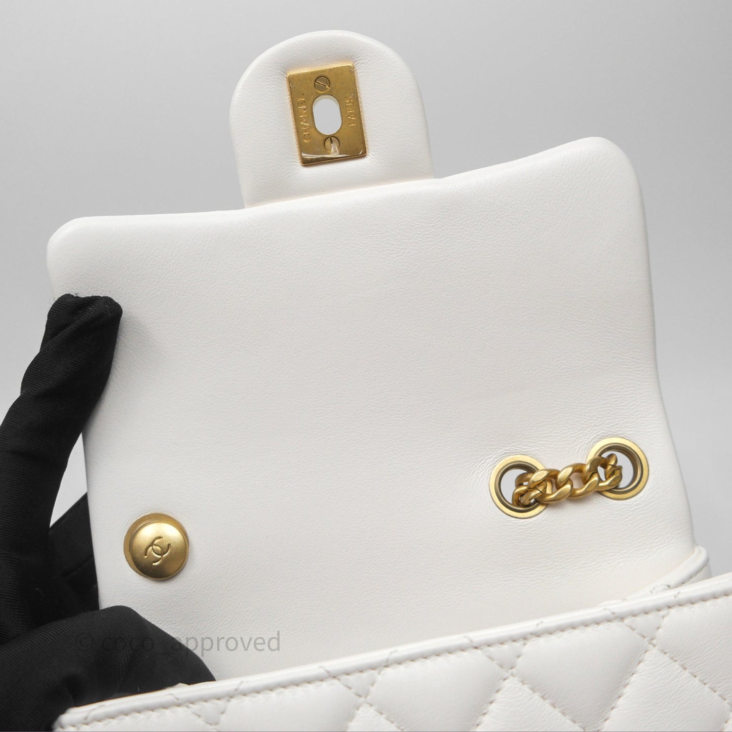 Chanel Quilted Mini Square Flap with Camellia Adjustable Chain White Lambskin Aged Gold Hardware
