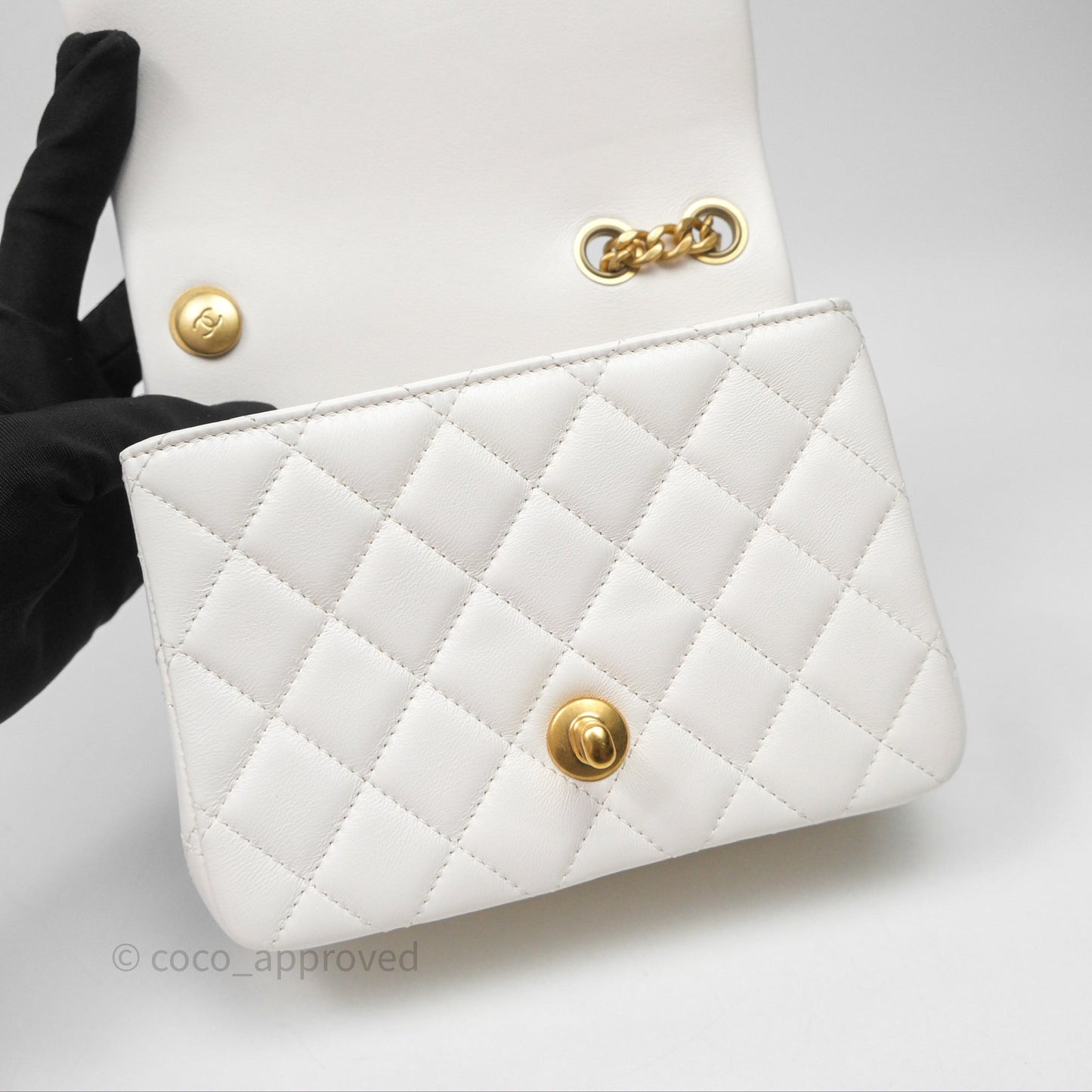 Chanel Quilted Mini Square Flap with Camellia Adjustable Chain White Lambskin Aged Gold Hardware
