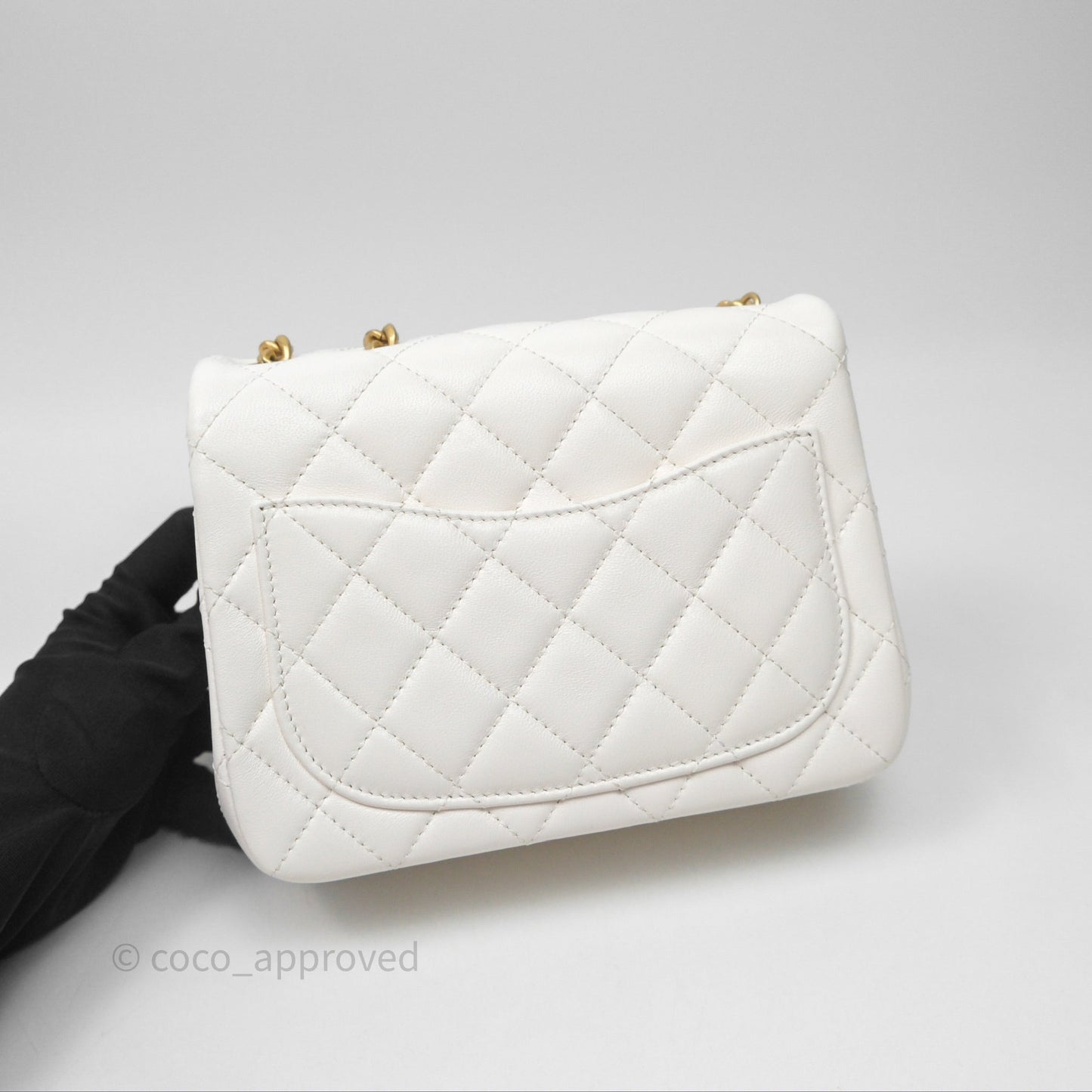 Chanel Quilted Mini Square Flap with Camellia Adjustable Chain White Lambskin Aged Gold Hardware