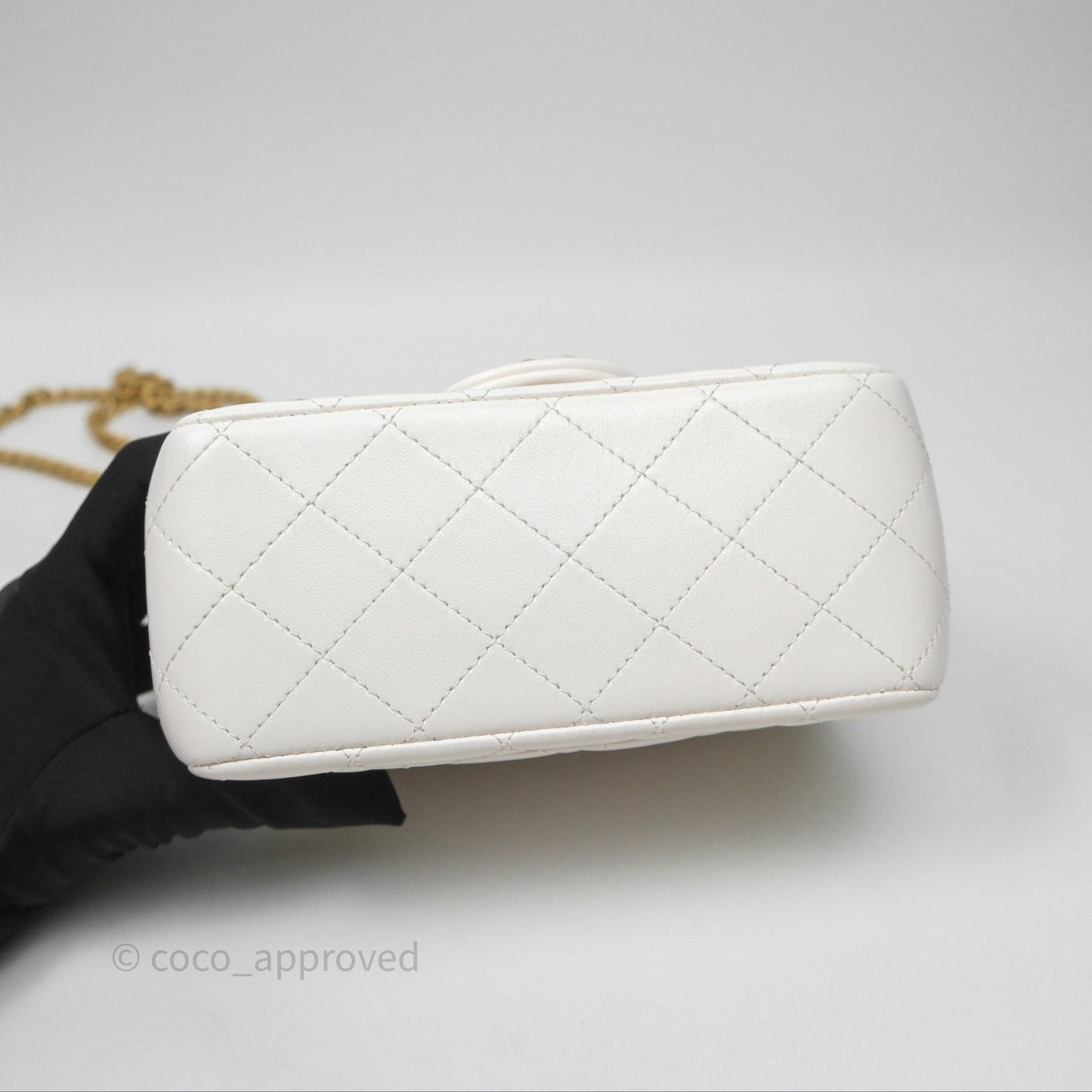 Chanel Quilted Mini Square Flap with Camellia Adjustable Chain White Lambskin Aged Gold Hardware
