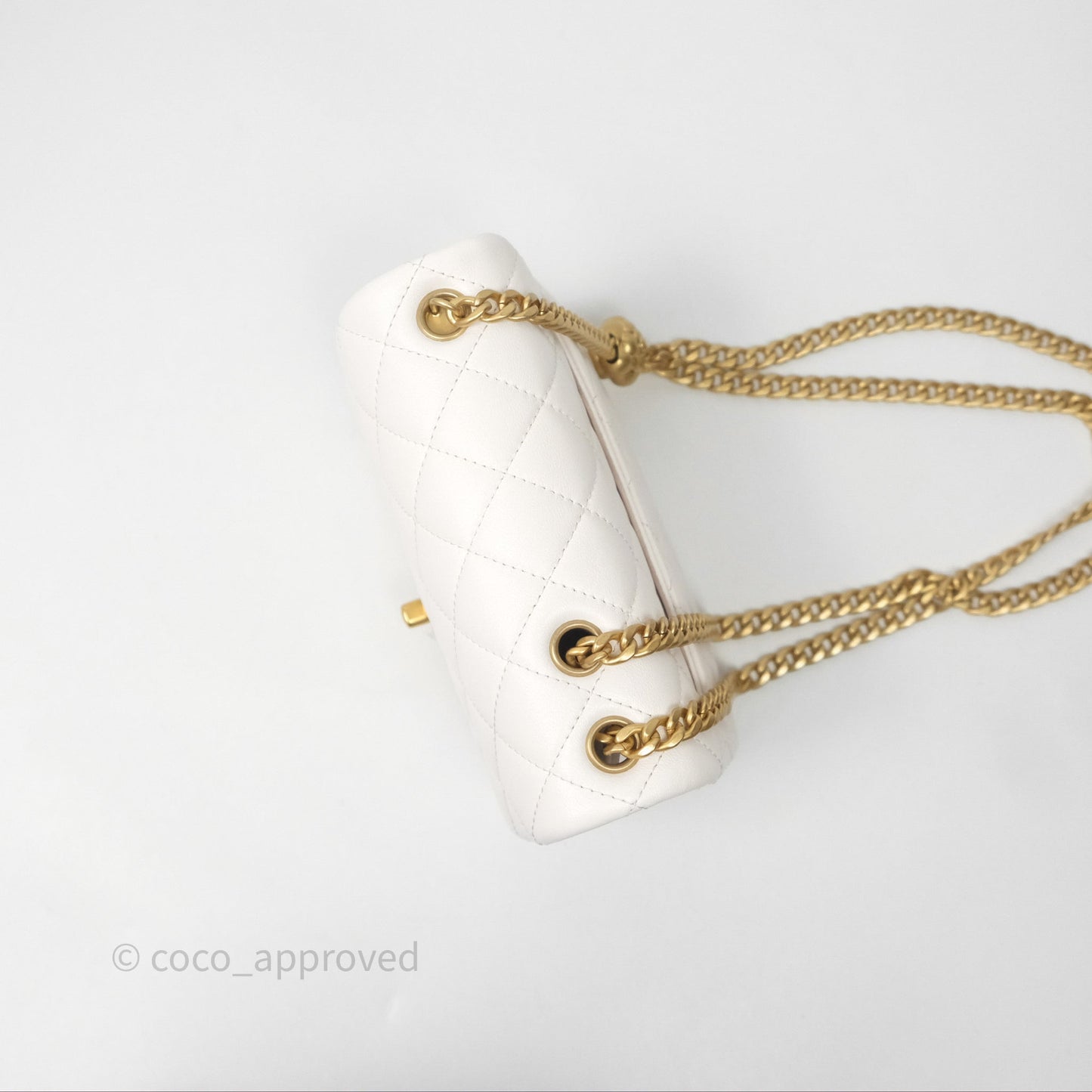 Chanel Quilted Mini Square Flap with Camellia Adjustable Chain White Lambskin Aged Gold Hardware