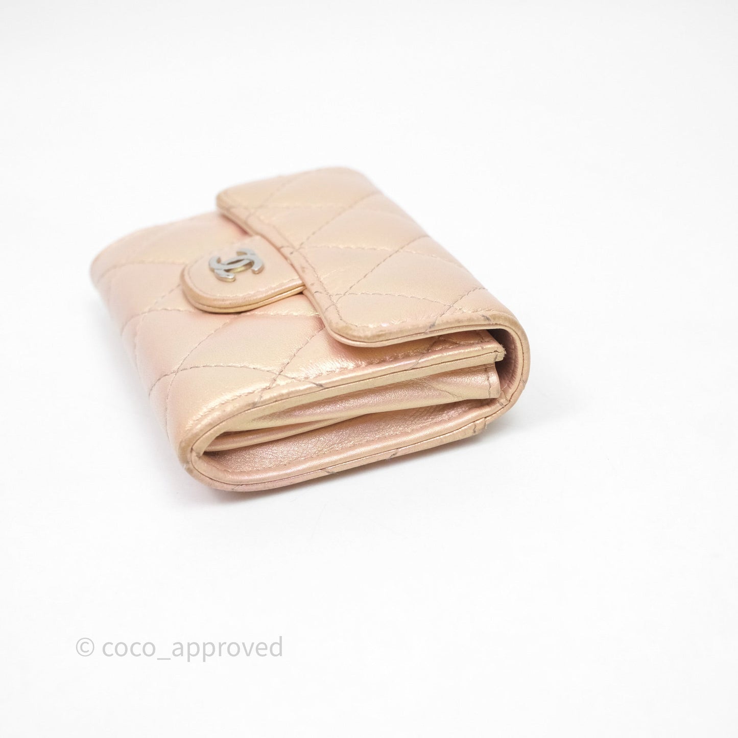 Chanel Classic Flap Coin Purse Pink Iridescent Pearl Lambskin Silver Hardware