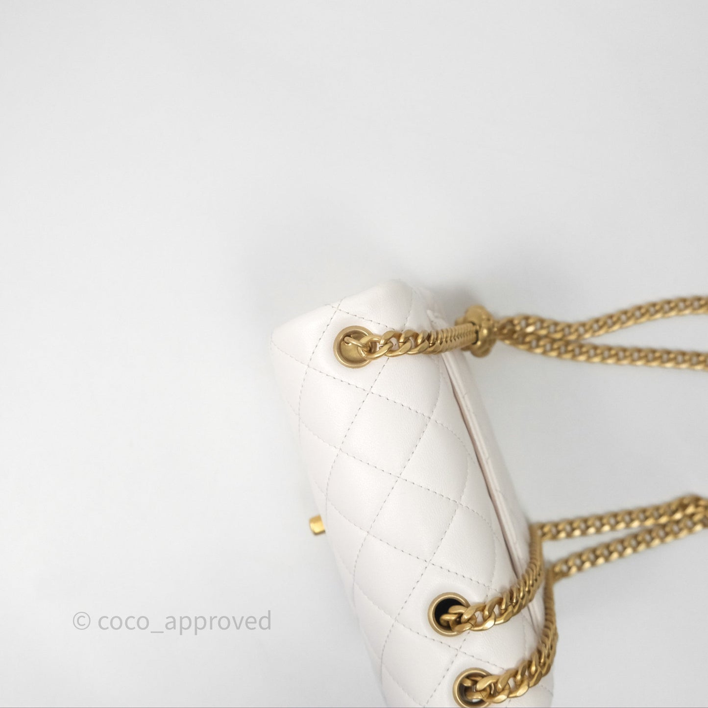 Chanel Quilted Mini Square Flap with Camellia Adjustable Chain White Lambskin Aged Gold Hardware