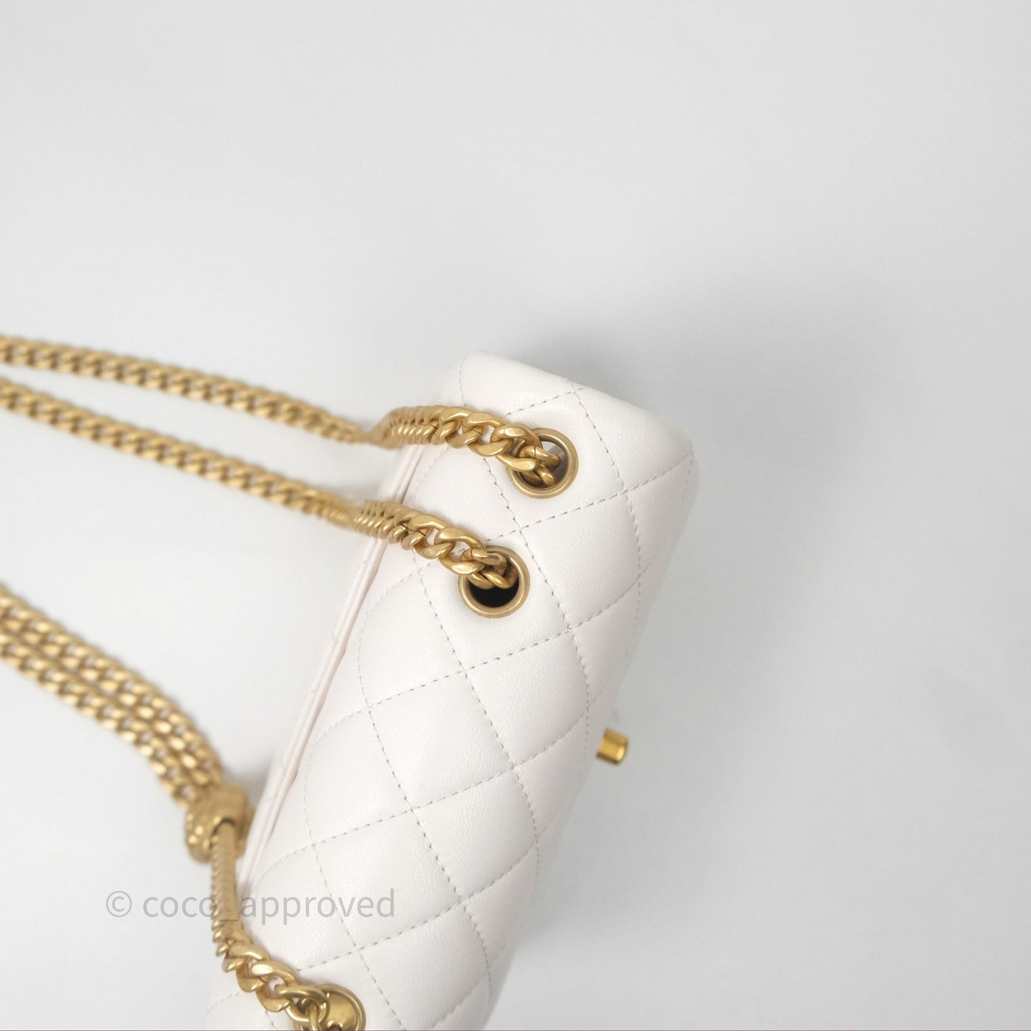 Chanel Quilted Mini Square Flap with Camellia Adjustable Chain White Lambskin Aged Gold Hardware